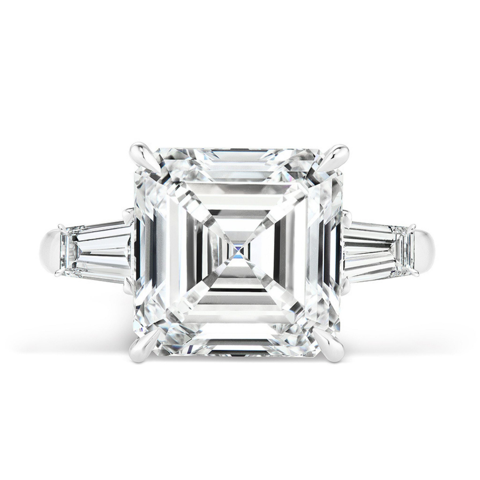 A detailed look at the Asscher Cut Diamond Engagement Ring with Tapered Baguette Side Stones, showcasing a striking center Asscher-cut diamond flanked by tapered baguette side stones on a white gold or platinum band.