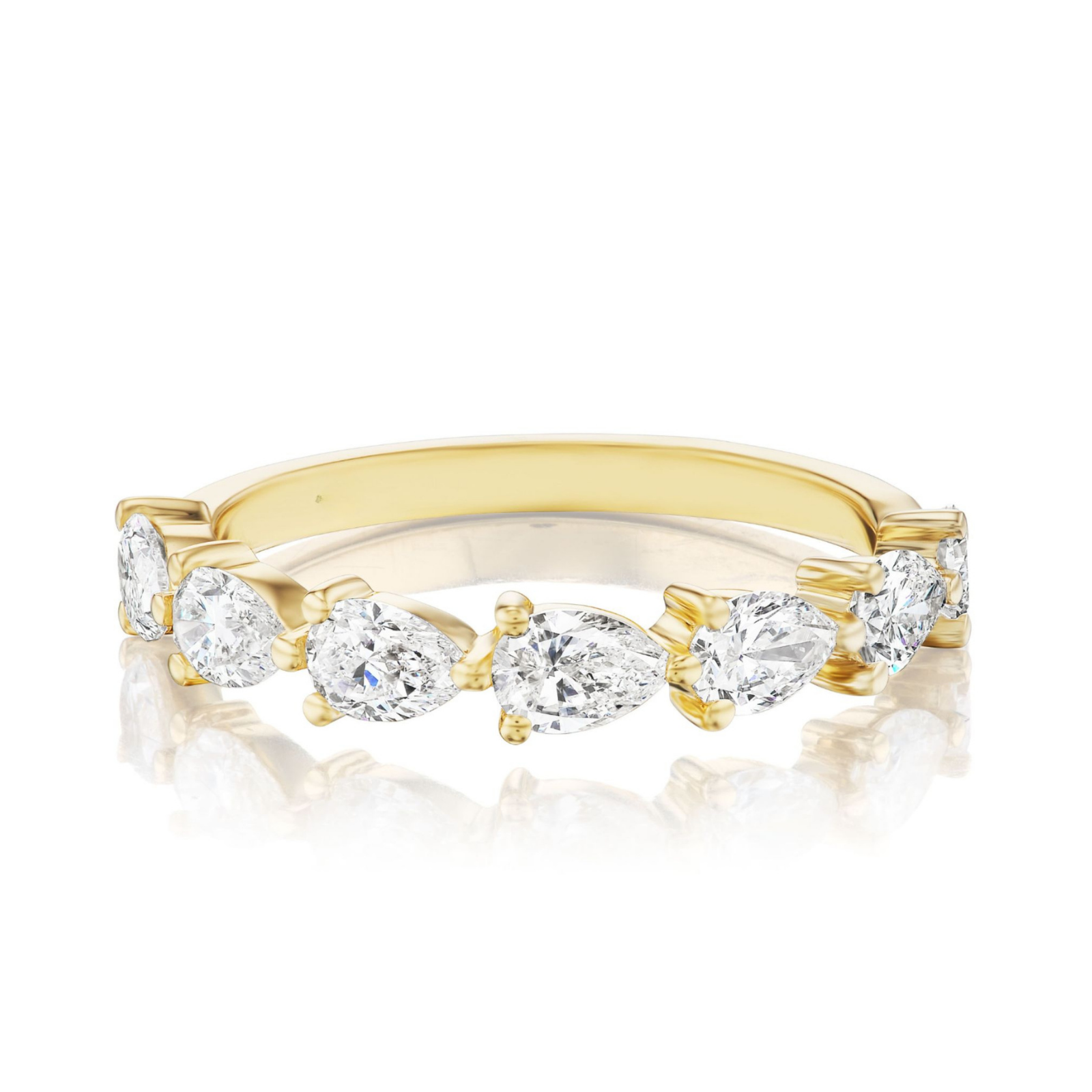 The Chasing Pears Diamond Half Eternity Band in Rose Gold showcases seven sparkling pear-shaped diamonds in gold prongs, displayed against a white background with a soft reflection.