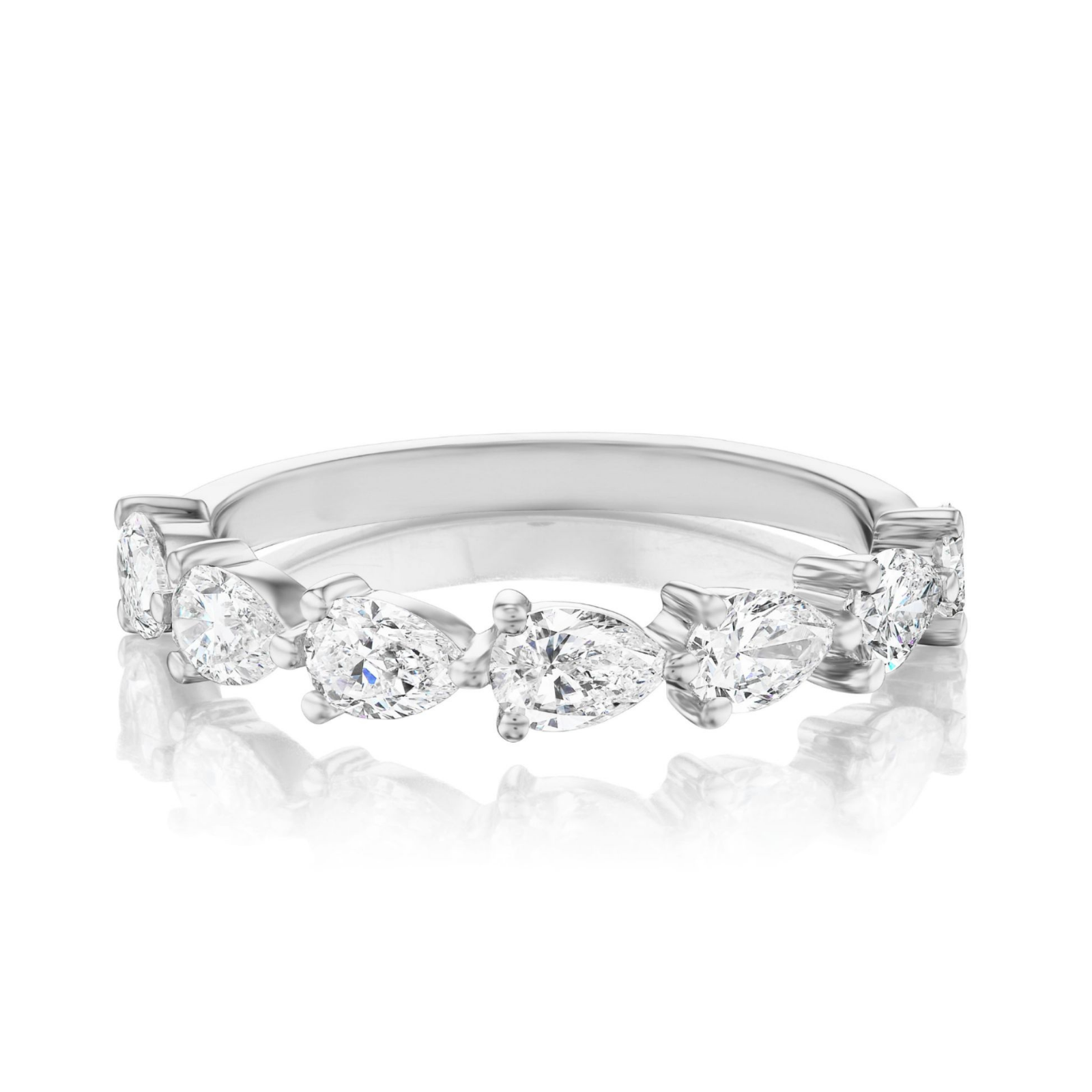 The Chasing Pears Diamond Half Eternity Band in Rose Gold showcases a row of pear-shaped diamonds set across the top, displayed on a white background with a subtle reflection—ideal for bridal or celebration rings.