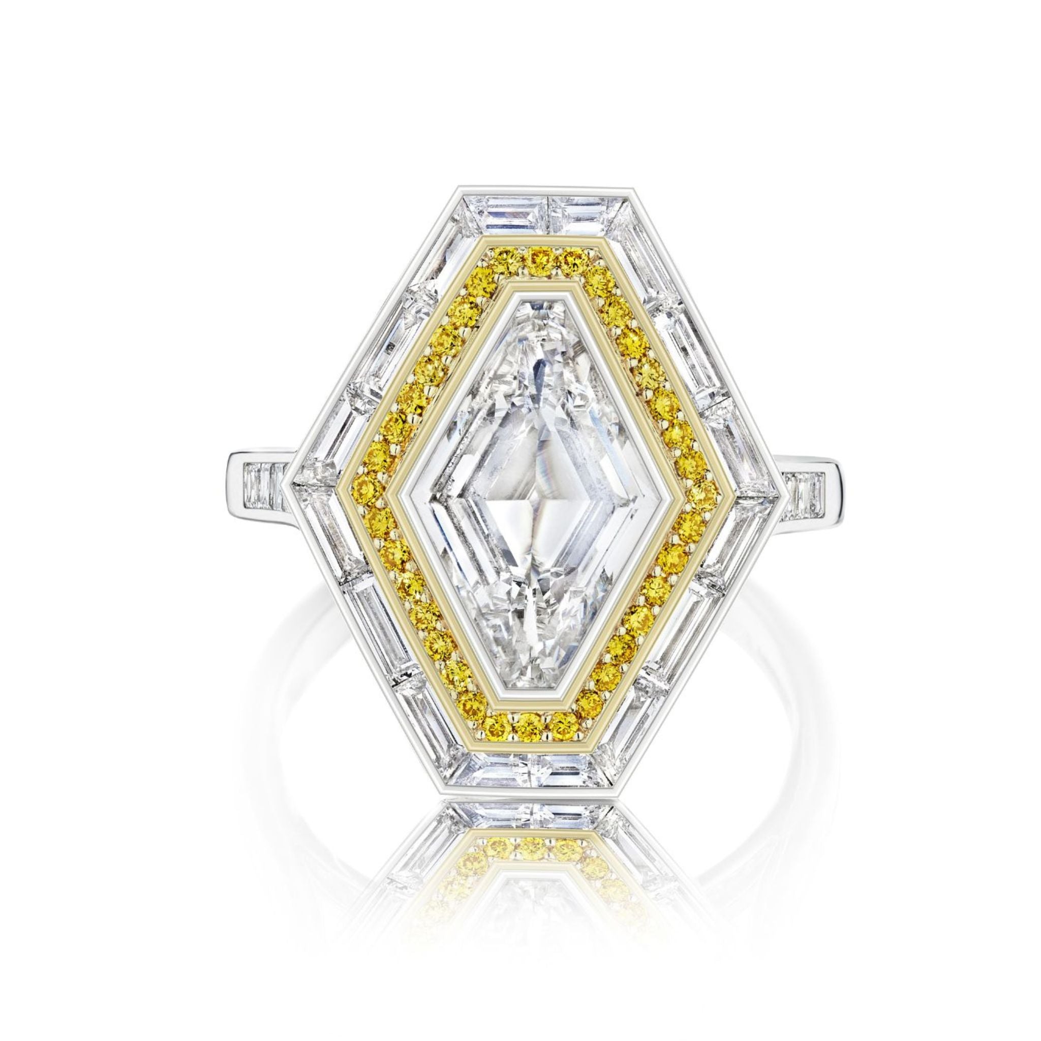 The Lozenge Shape Diamond with Yellow Round Diamond and Channel Set Diamond Halo Revival Engagement Ring in White Gold features a geometric center, yellow diamond halo, and channel-set white diamonds on a white gold band.
