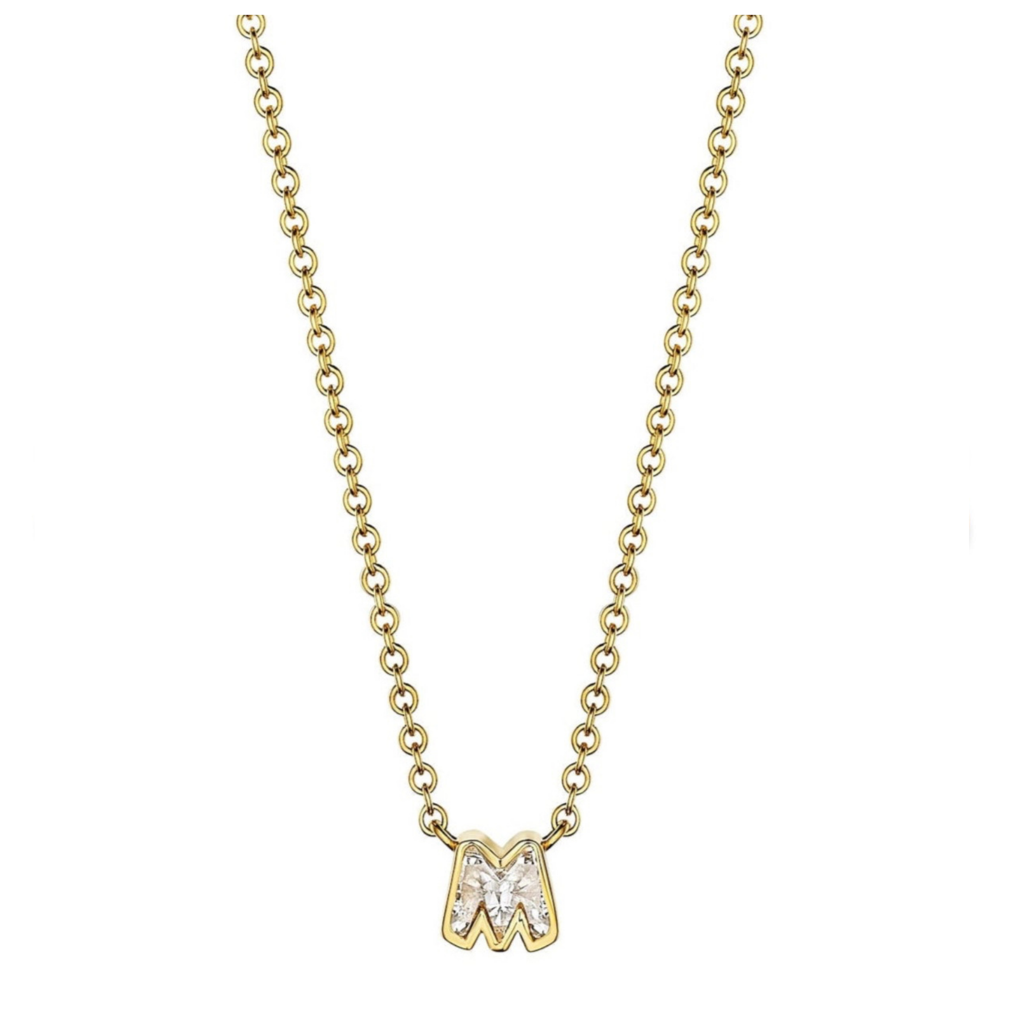 Bezel Set Diamond Letter Pendant Necklace in Yellow Gold, featuring an "M" pendant adorned with sparkling diamonds, displayed on a plain white background.