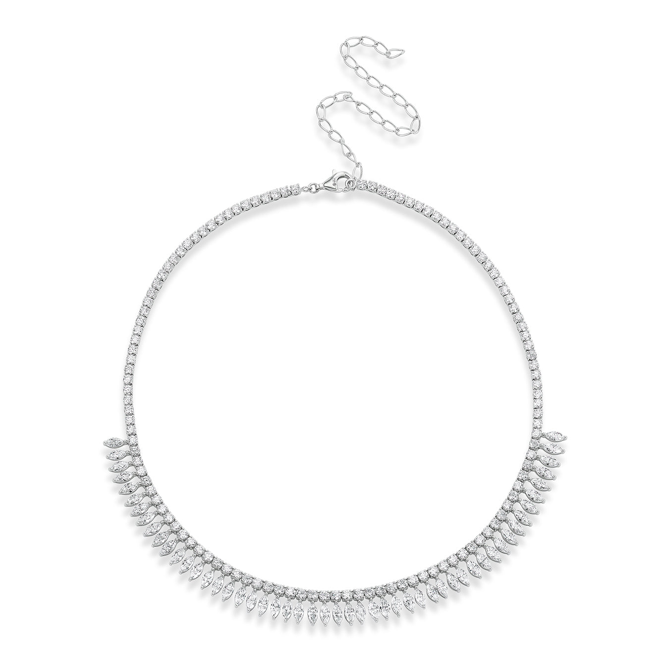 The Deco Feather Collar Necklace with Marquise Diamonds features a silver row of sparkling clear marquise stones and teardrop-shaped accents along the front, finished with an adjustable chain clasp.