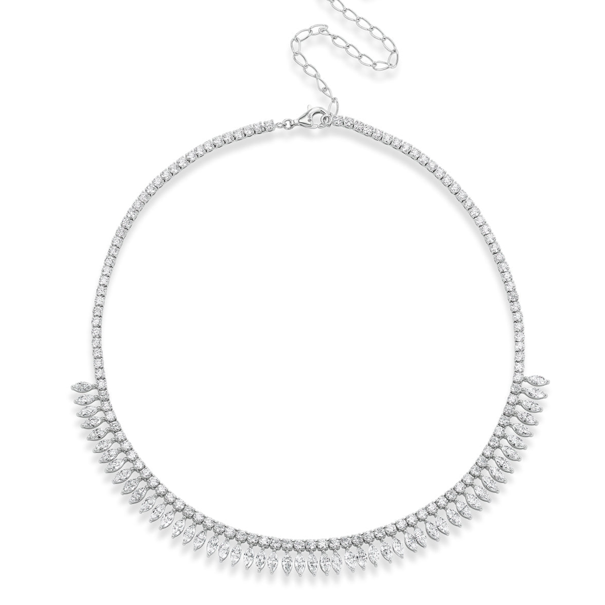 The Deco Feather Collar Necklace with Marquise Diamonds features sparkling gemstones in a graduated fringe pattern, crafted in silver with an adjustable chain and clasp at the back.