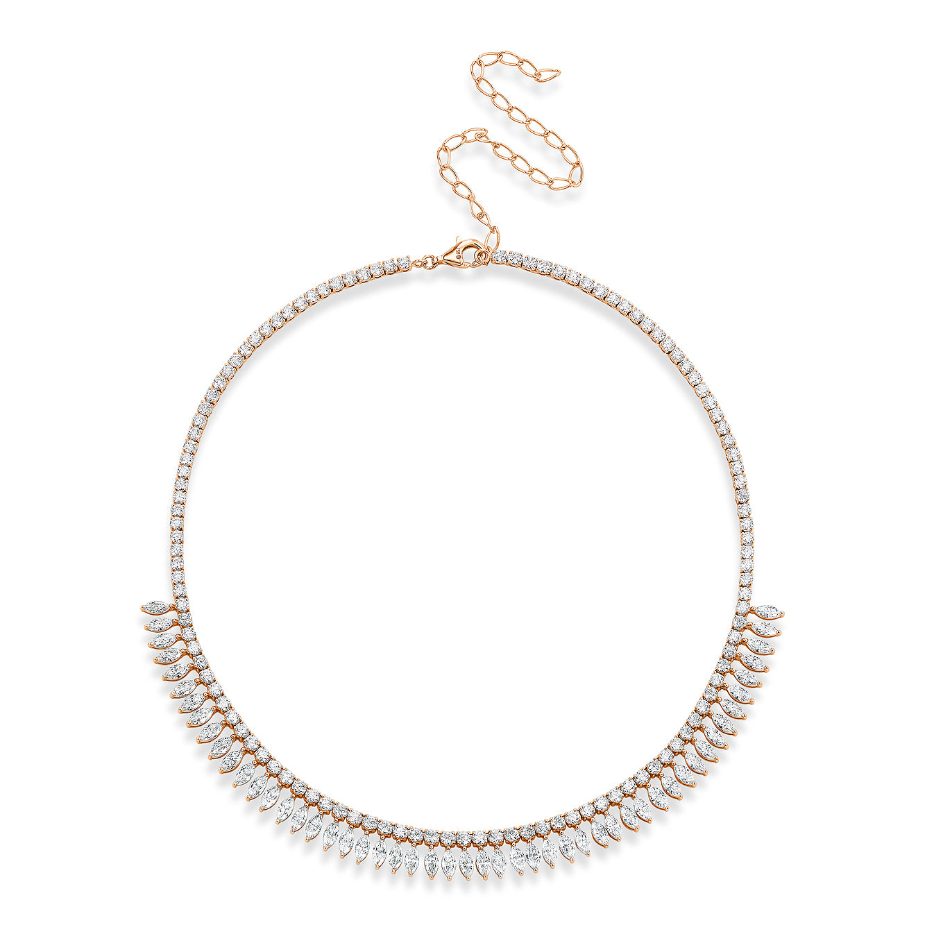 The Deco Feather Collar Necklace with Marquise Diamonds features a stunning row of white gemstones, highlighted by a front fan-like marquise diamond pattern and an adjustable chain clasp.