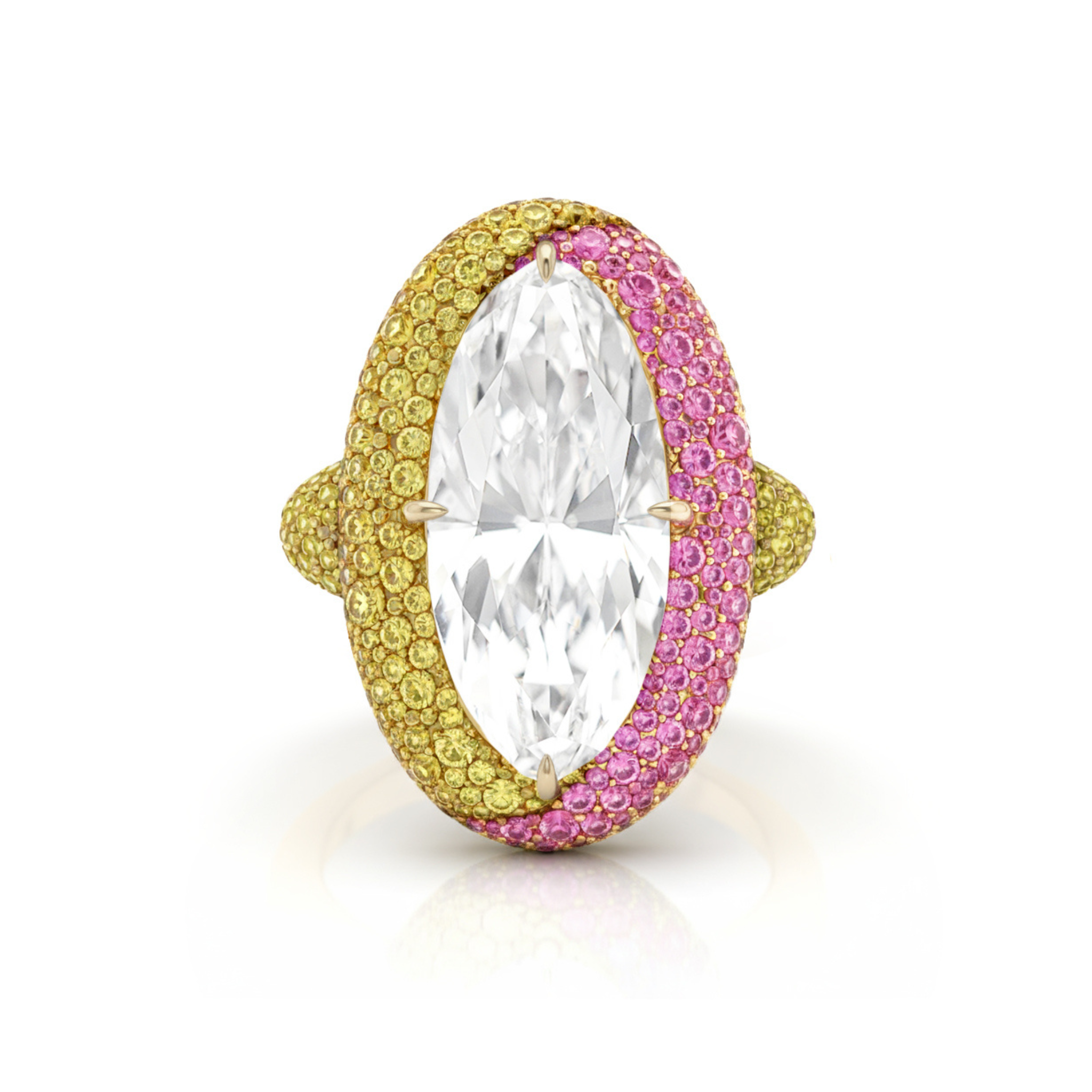 The Colorful Cobblestone Pavé Marquise Diamond Bombé Engagement Ring in Yellow Gold features a large marquise diamond center, accented by rows of small yellow and pink stones on an elegant 18k yellow gold band.