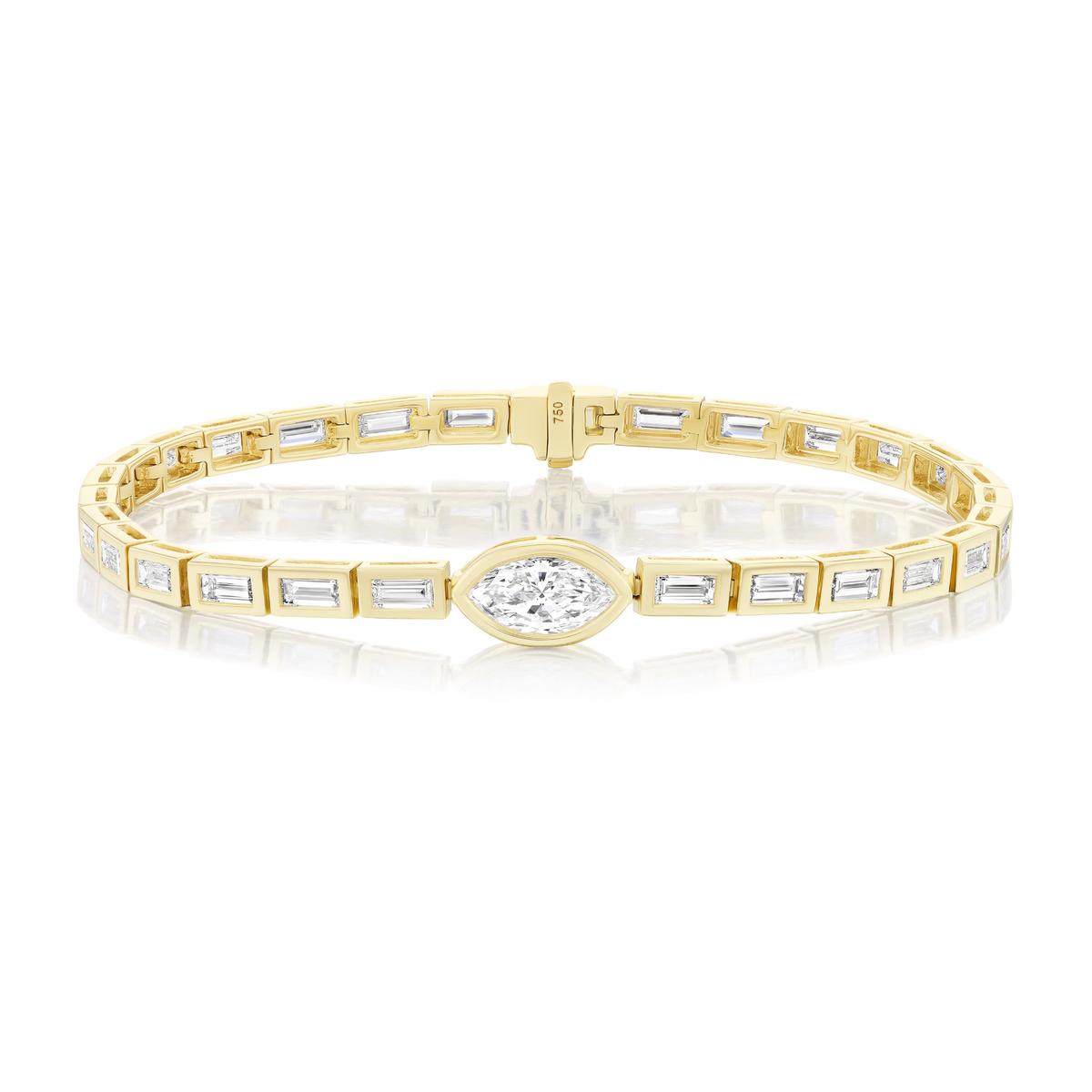 East-West Bezel Set Marquise and Baguette Diamond Tennis Bracelet in Yellow Gold