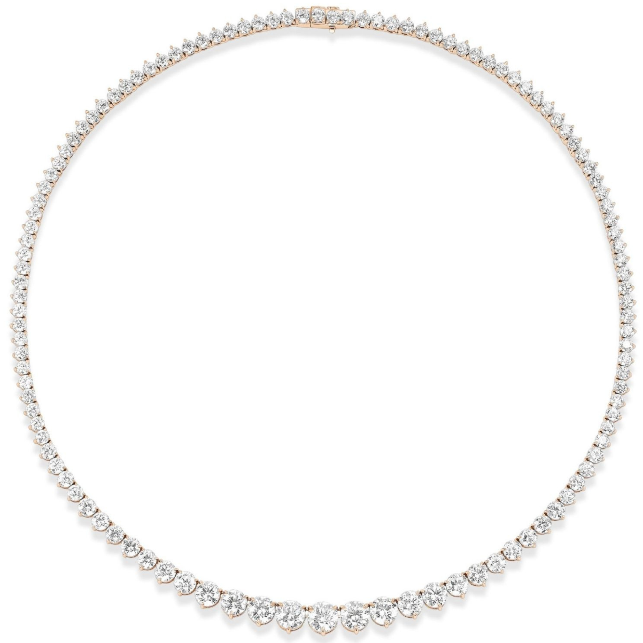 The Medium Graduated Round Diamond Tennis Necklace is crafted in 18k gold, featuring a single row of graduated round white diamonds—largest at the center and tapering toward the clasp for a modern update on the classic style.