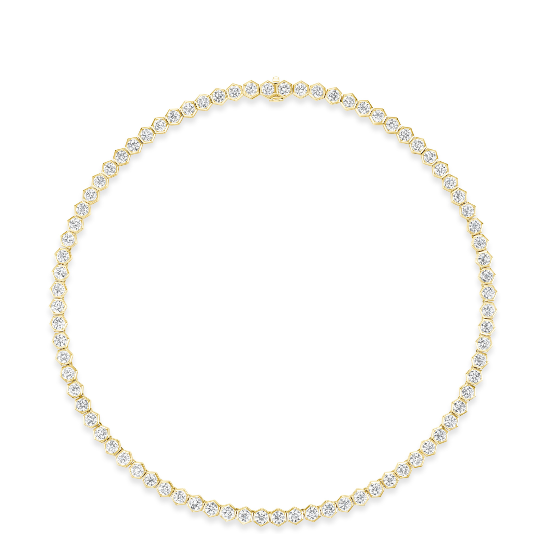 The Medium Hexagon Bezel Set Diamond Tennis Necklace in Yellow Gold showcases round white diamonds in hexagon bezel settings, forming a continuous line of brilliance against a plain white background.
