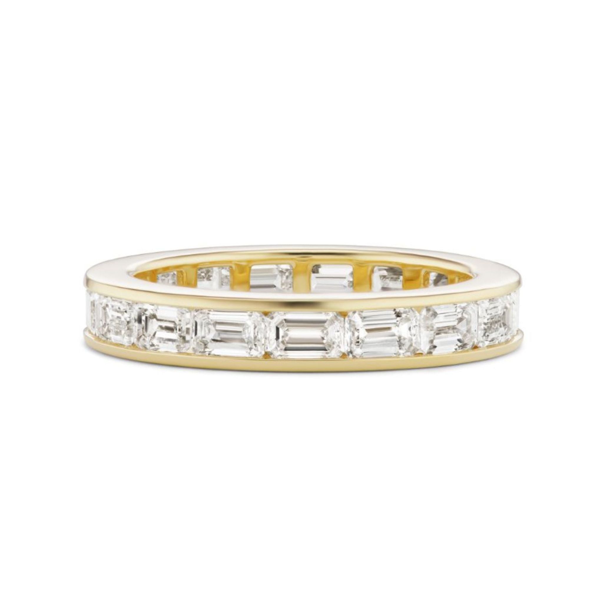 The Emerald Cut Diamond Channel Set Eternity Band features a continuous row of rectangular, emerald-cut diamonds set in gold around the entire band.