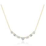 The Mixed Shape Diamond Pendant Necklace features a delicate 18K gold chain with a row of diamonds in various shapes, including a heart-shaped center stone, all arranged in a graceful curve.