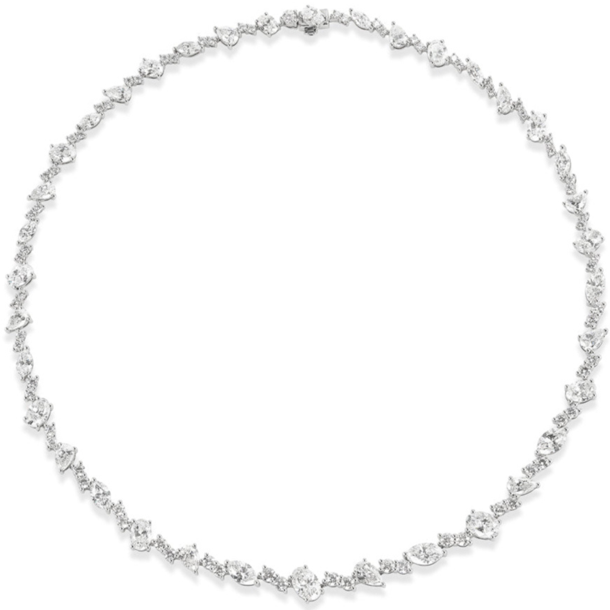 The Mixed Shape Diamond Tennis Necklace in White Gold features a continuous strand of sparkling, variously shaped diamonds set in 18K white gold, creating an elegant circular silhouette against a white background.