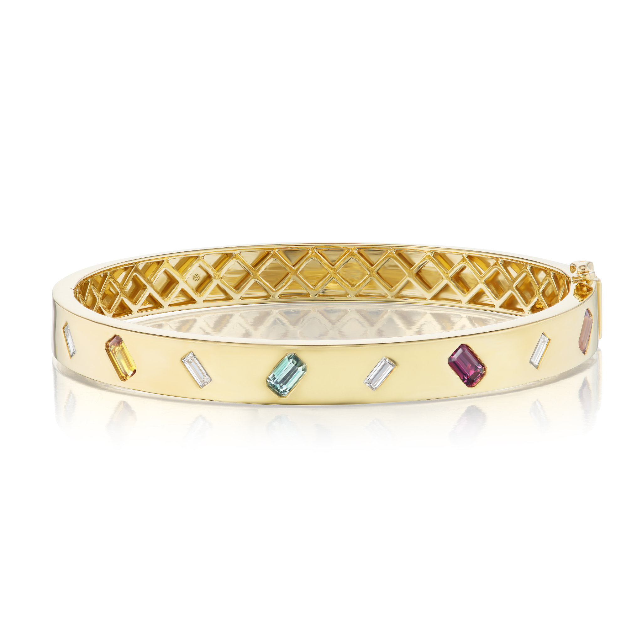 The Mixed Shape Diamond and Dark Multicolor Sapphire Bangle features a geometric lattice interior with various shapes of diamonds and dark multicolor sapphires set around the outer surface.