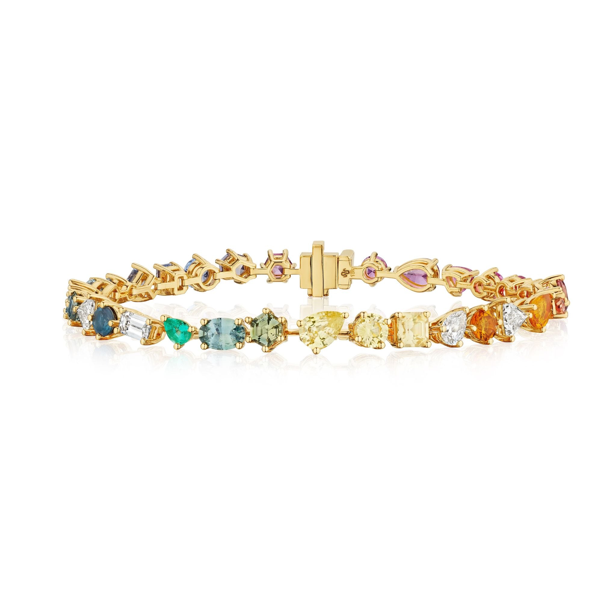The Mixed Shape Multicolor Sapphire and Diamond Tennis Bracelet in Yellow Gold showcases vibrant sapphires and diamonds of various shapes, all set along its length and displayed on a white background.