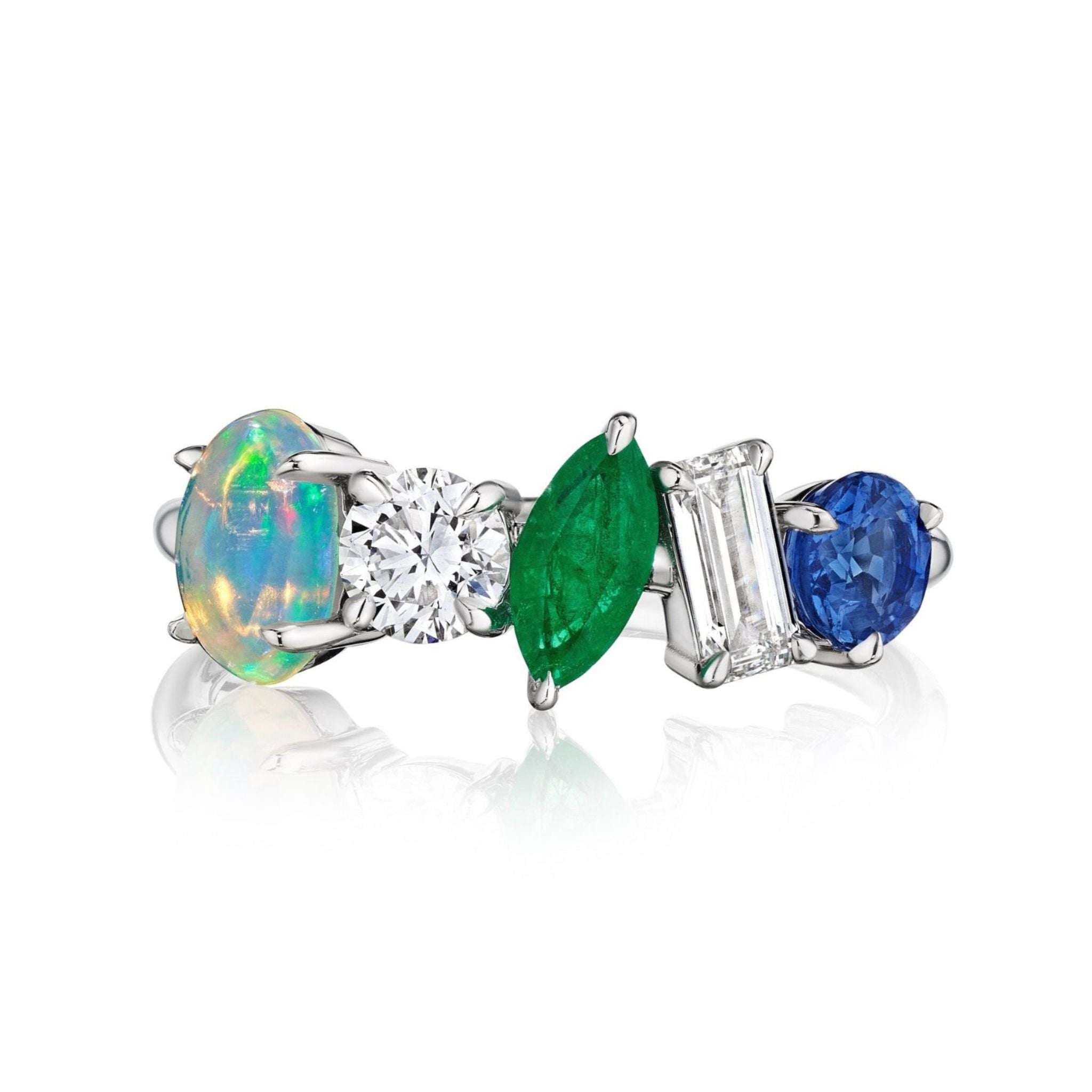 The Mixed Shape Opal, Emerald, Diamond, and Sapphire Half-Eternity Band showcases five uniquely shaped and colored gemstones set in 18K white gold for a striking silver ring.