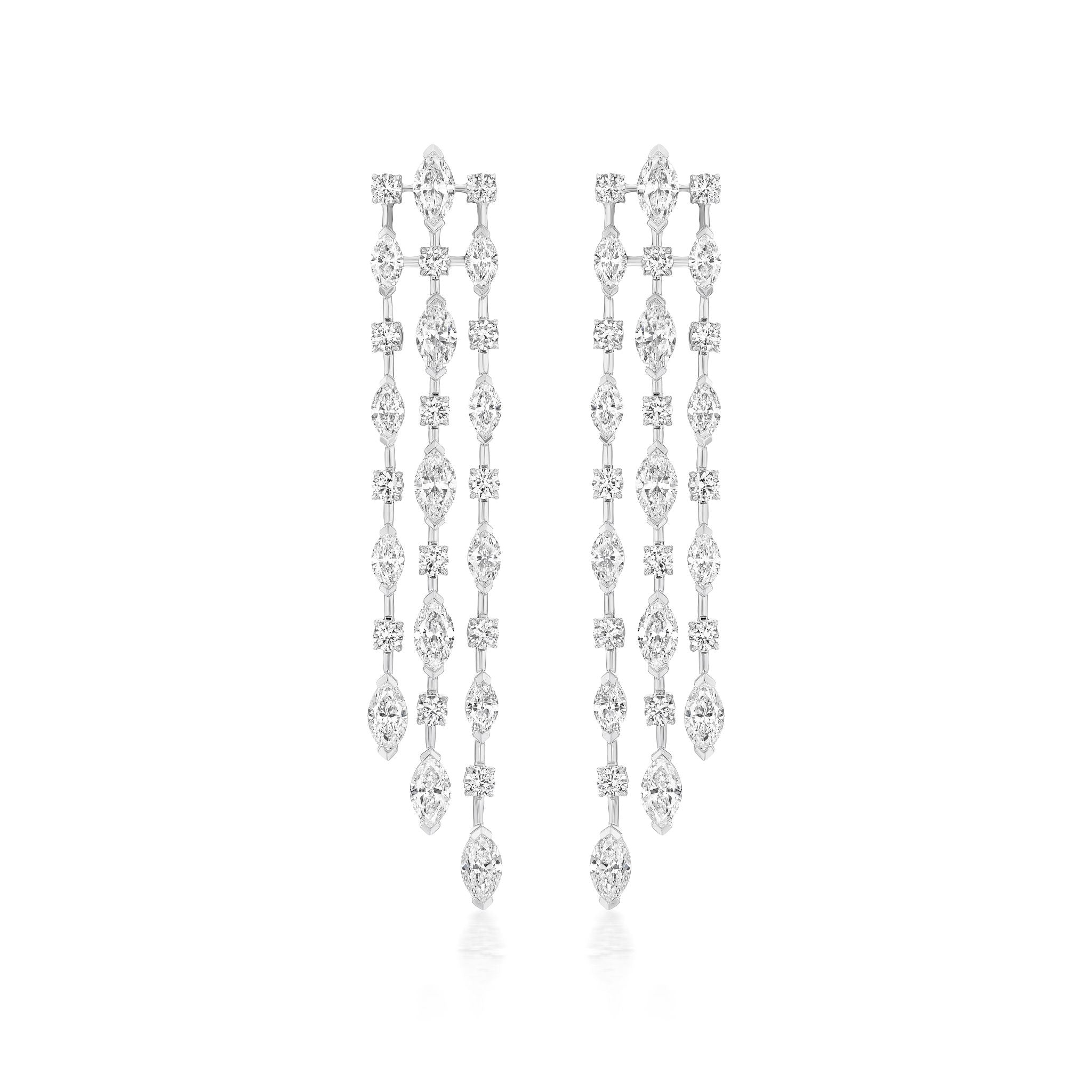 The Mixed Shape Diamond Waterfall Earrings in white gold showcase three vertical rows of sparkling diamonds, elegantly dangling and set against a white background.