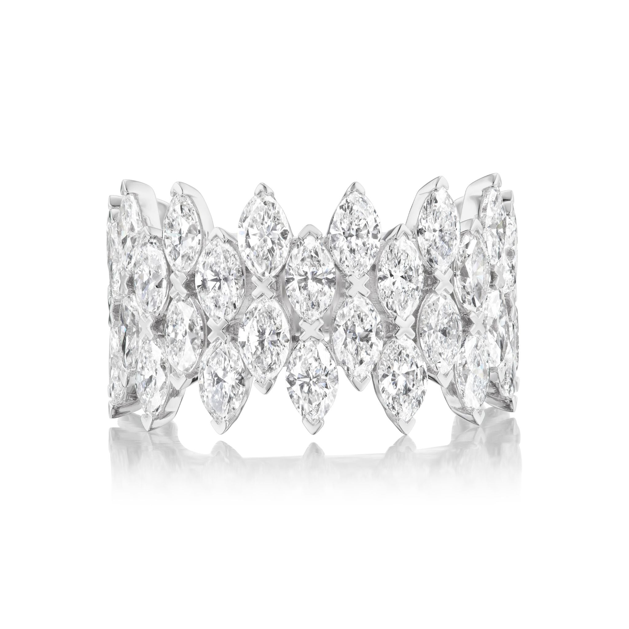 The Multi Tier Marquise Diamond Eternity Band in white gold features two rows of sparkling SI clarity diamonds in a symmetrical, floral-inspired design, showcased against a white background.