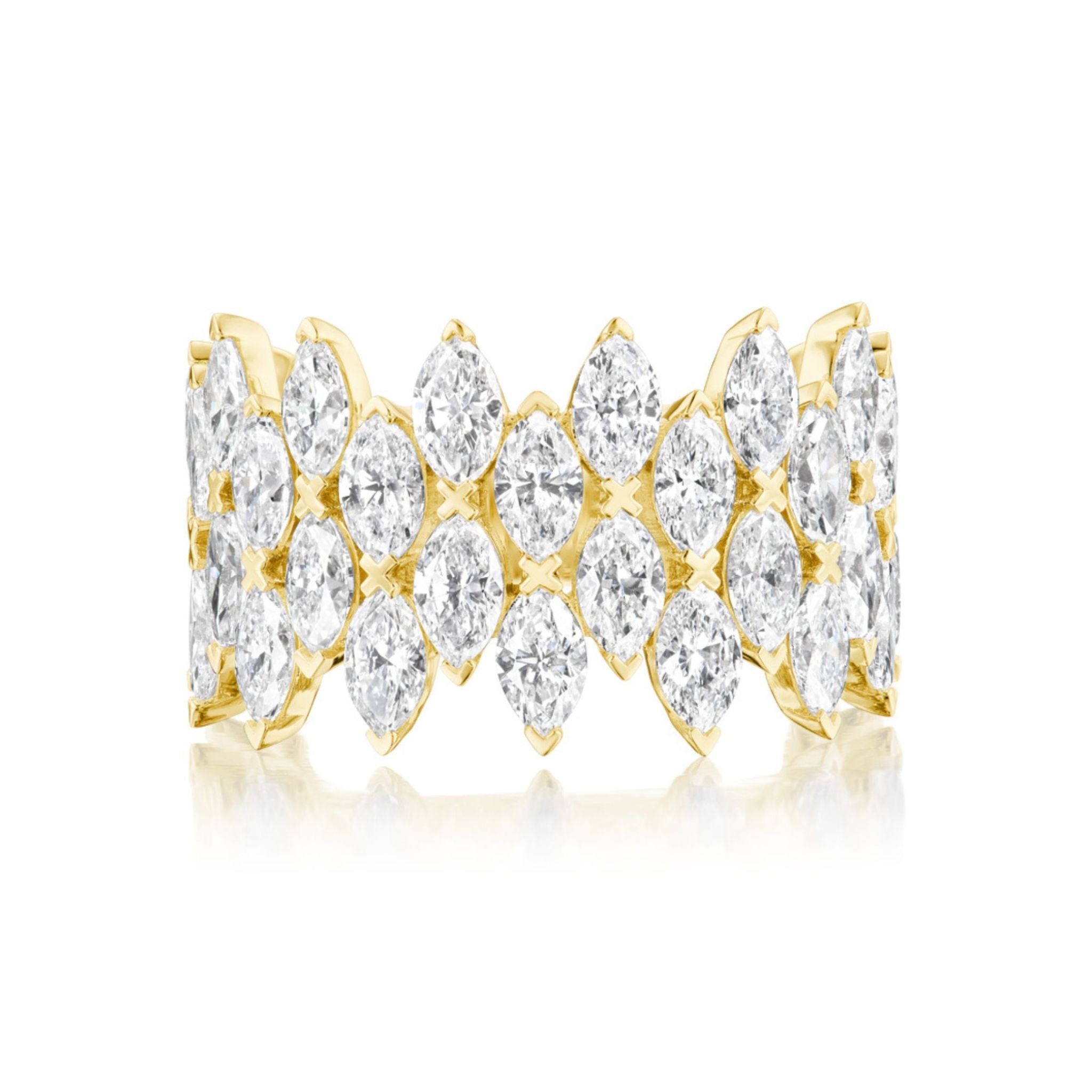 The Multi Tier Marquise Diamond Eternity Band showcases three rows of marquise-cut white diamonds set in 18k gold, arranged closely for an elegant and sparkling design across the entire band.