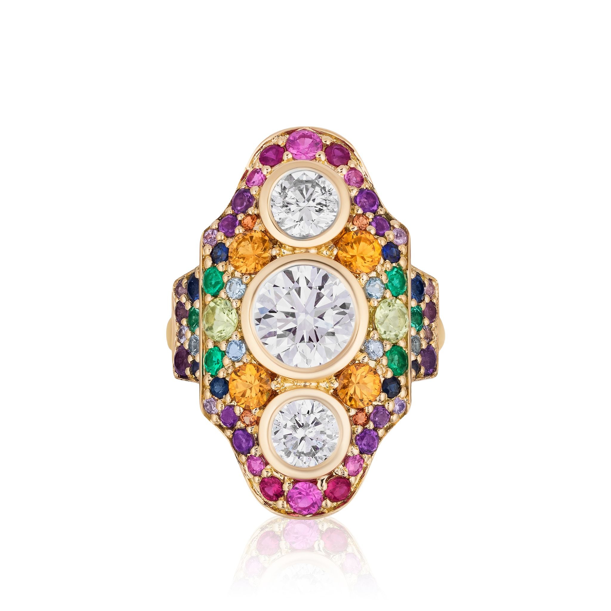The Multicolor Dinner Ring in Yellow Gold features three round diamonds at the center, surrounded by vibrant sapphires and multicolored gemstones in yellow, green, blue, and purple within a striking 18K gold symmetrical design.