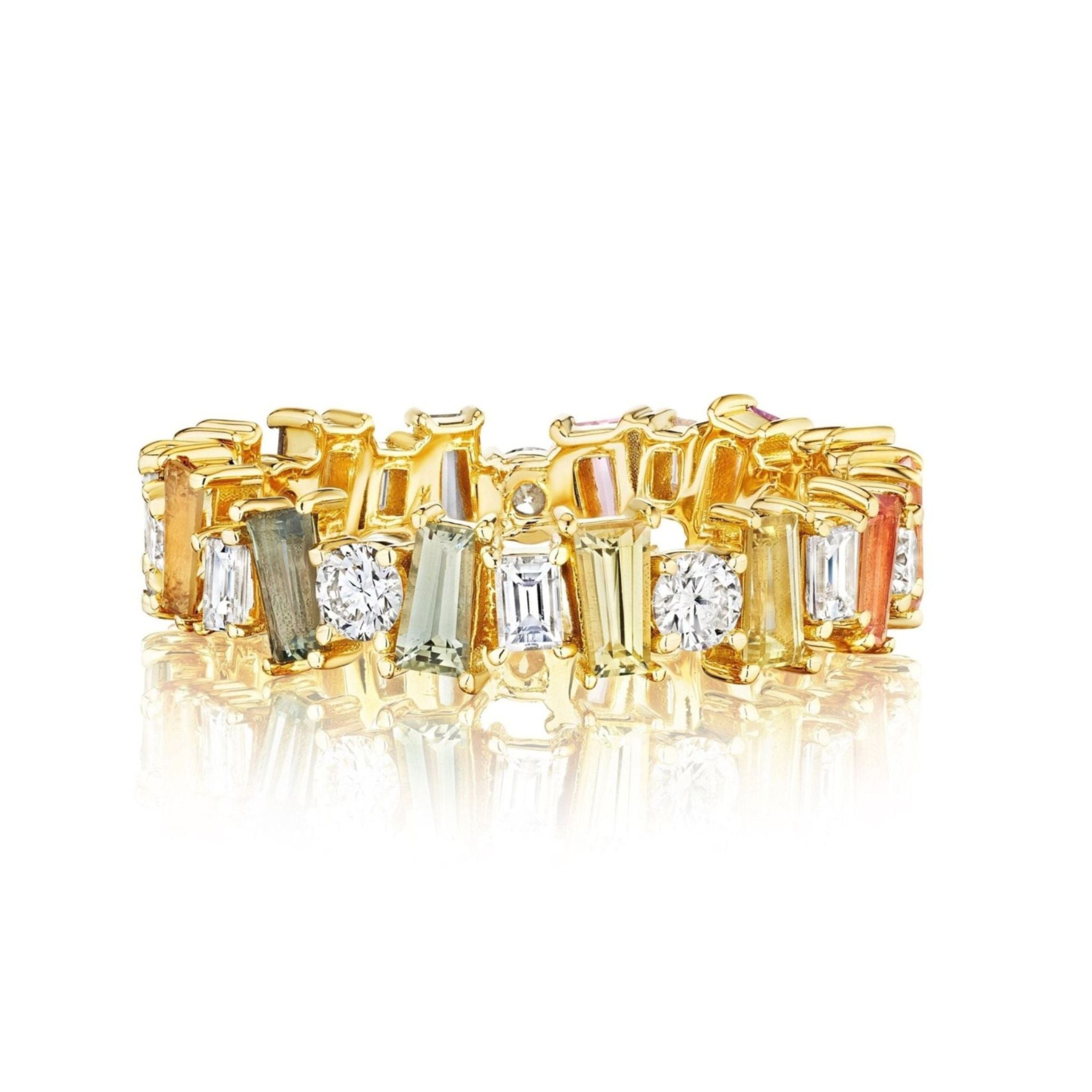 The Multicolor Eternity Band in Yellow Gold features tapered baguette sapphires and round diamonds in clear, green, and orange, set in an alternating pattern with a reflective finish.