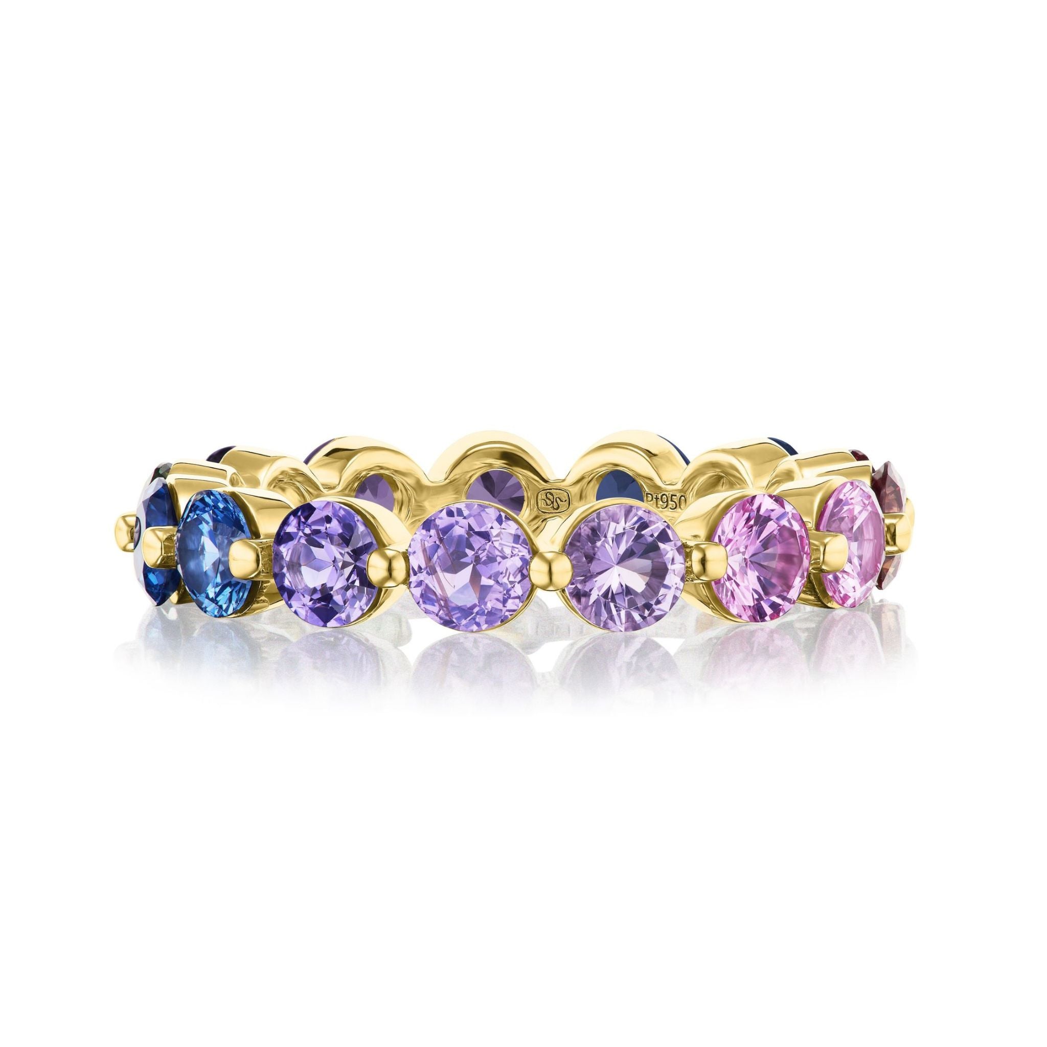 The Multicolor Round Sapphire Eternity Band in Yellow Gold features blue and pink sapphires set in a gradient with a scalloped edge, all crafted from 18K yellow gold.