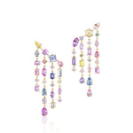 The Multicolor Waterfall Earrings feature asymmetrical dangle designs with mixed-shape pink, purple, yellow, and blue sapphires plus diamonds, all set in 18k yellow gold for a striking cascading effect.