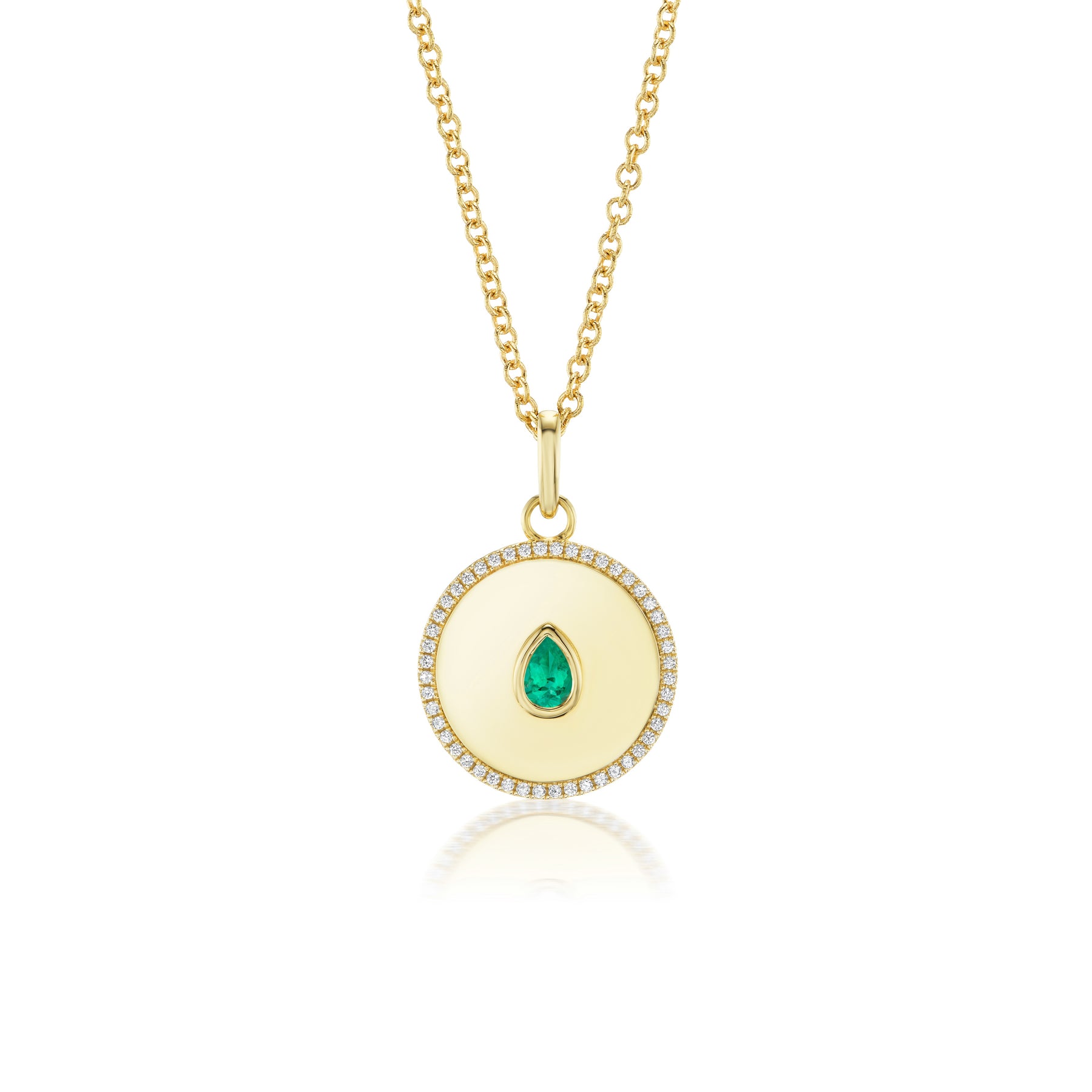 Medallion Pendant Necklace with Bezel Set Pear Shape Emerald in Yellow Gold