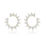 The Sunshine Motif Front-to-Back Hoops Small are 18k gold circular earrings with multiple evenly spaced G/H color pear-shaped diamonds around each hoop.