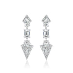 Statement Emerald, Baguette, and Round Cut Diamond Drop Earrings in White Gold featuring geometric shapes with baguette and round cut diamonds in triangular, square, and kite-like patterns on a white background.