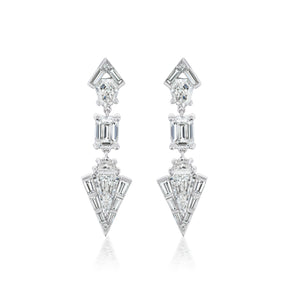 Statement Emerald, Baguette, and Round Cut Diamond Drop Earrings in White Gold