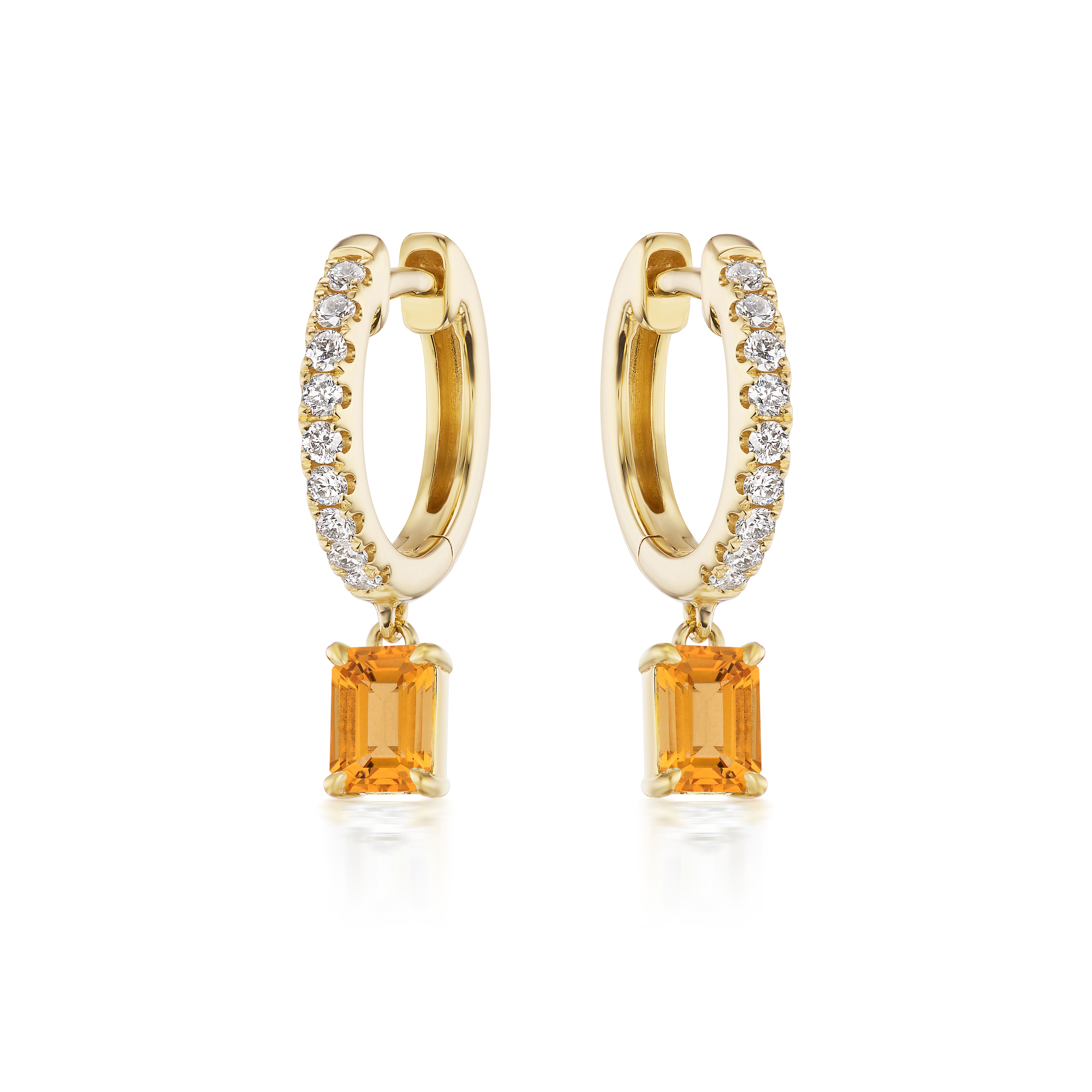 Pavé Huggies with Emerald Cut Orange Sapphire in yellow gold feature diamond pavé on the front and rectangular orange sapphire gemstones dangling at the bottom, shown against a white background.
