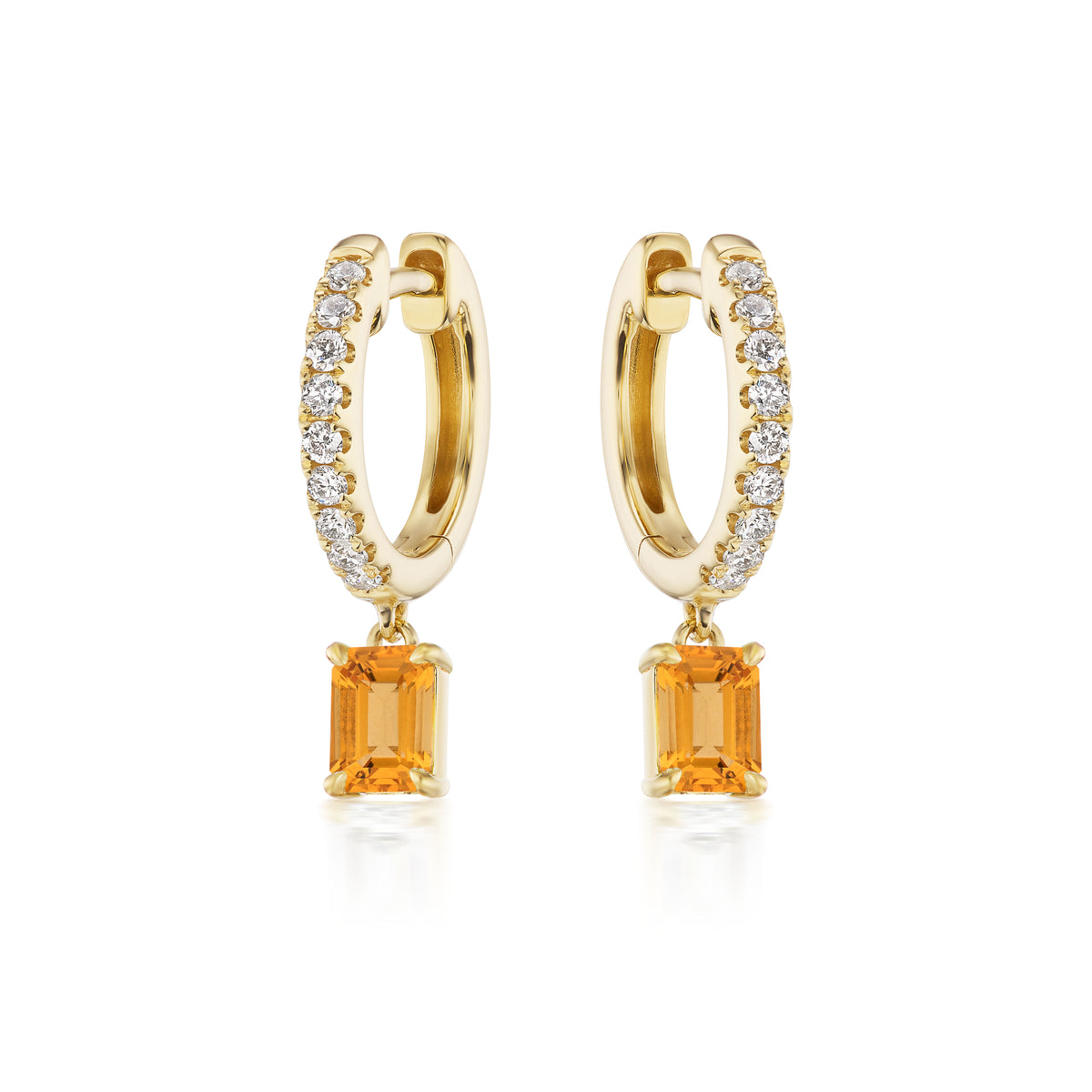 Pavé Huggies with Emerald Cut Orange Sapphire in Yellow Gold