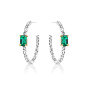 Pavé Hoops with Emerald Cut Emeralds in White Gold