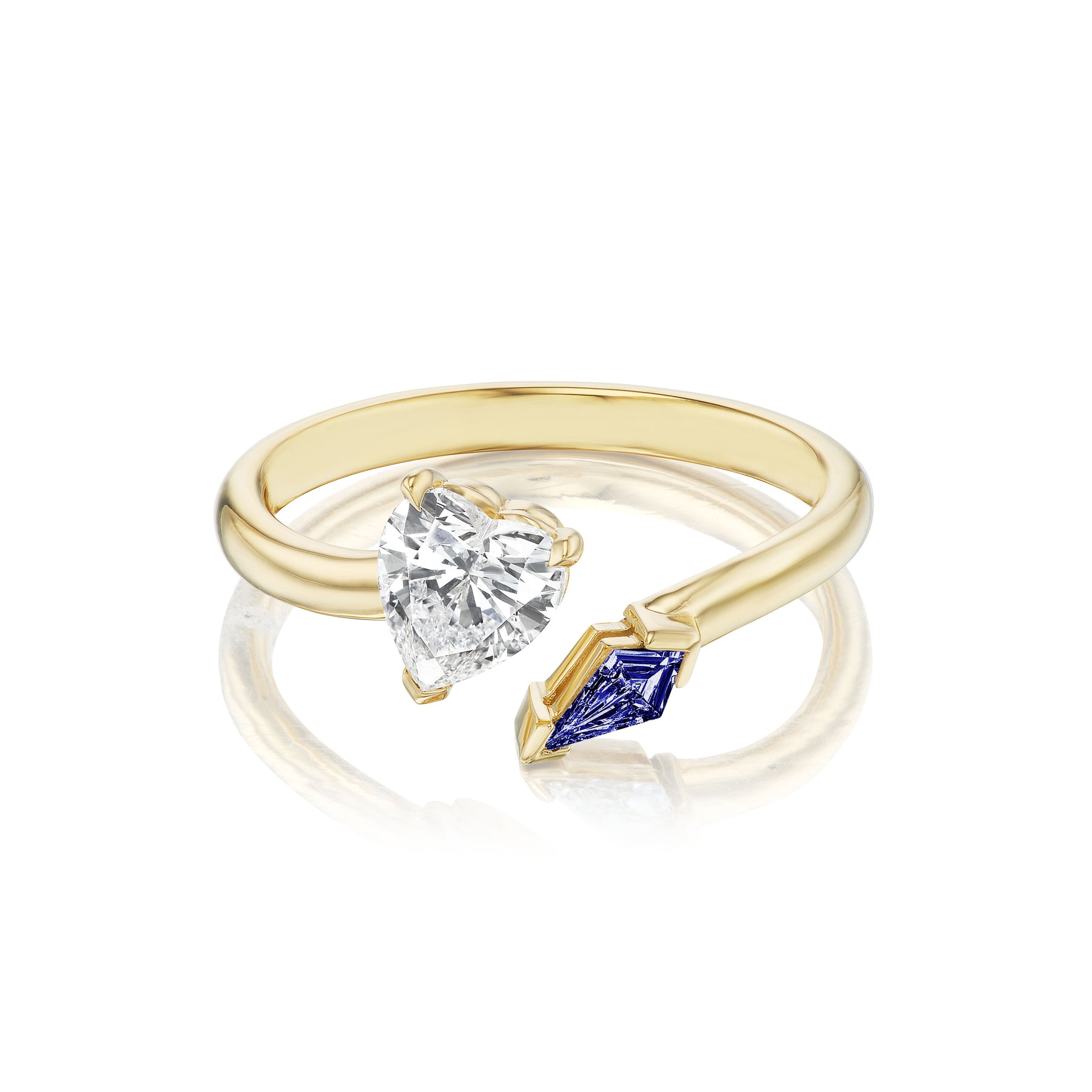 Toi et Moi Ring with Heart Shape Diamond and Kite Shaped Sapphire in Yellow Gold