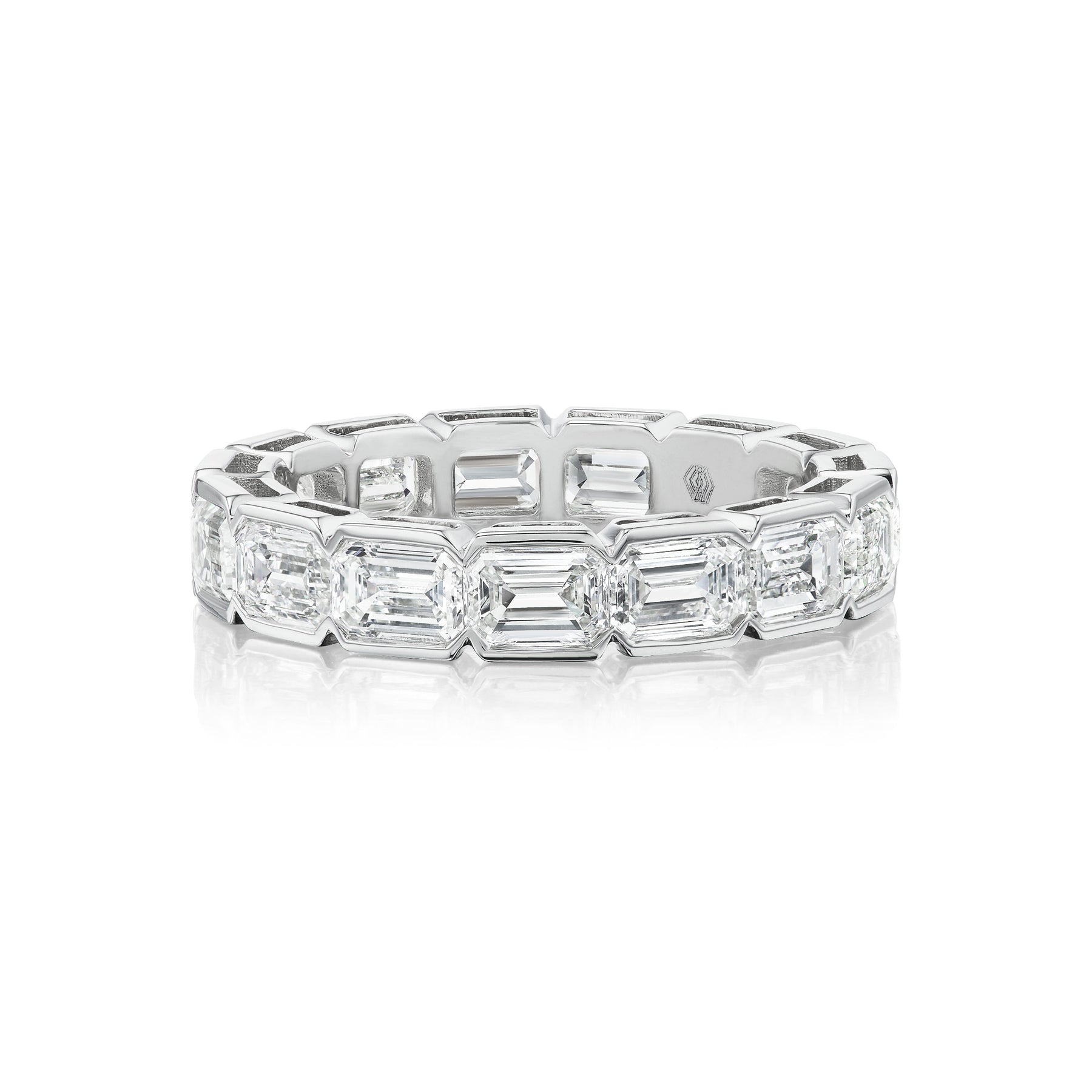 East-West Bracket Bezel Emerald Cut Diamond Eternity Band in White Gold