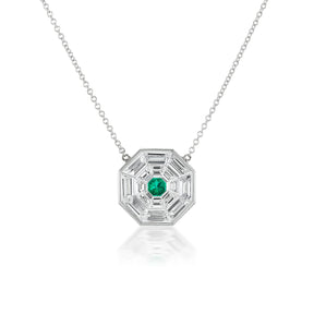 Bezel Set Trapezoid Diamond Mosaic Pendant with Round Emerald Center Stone