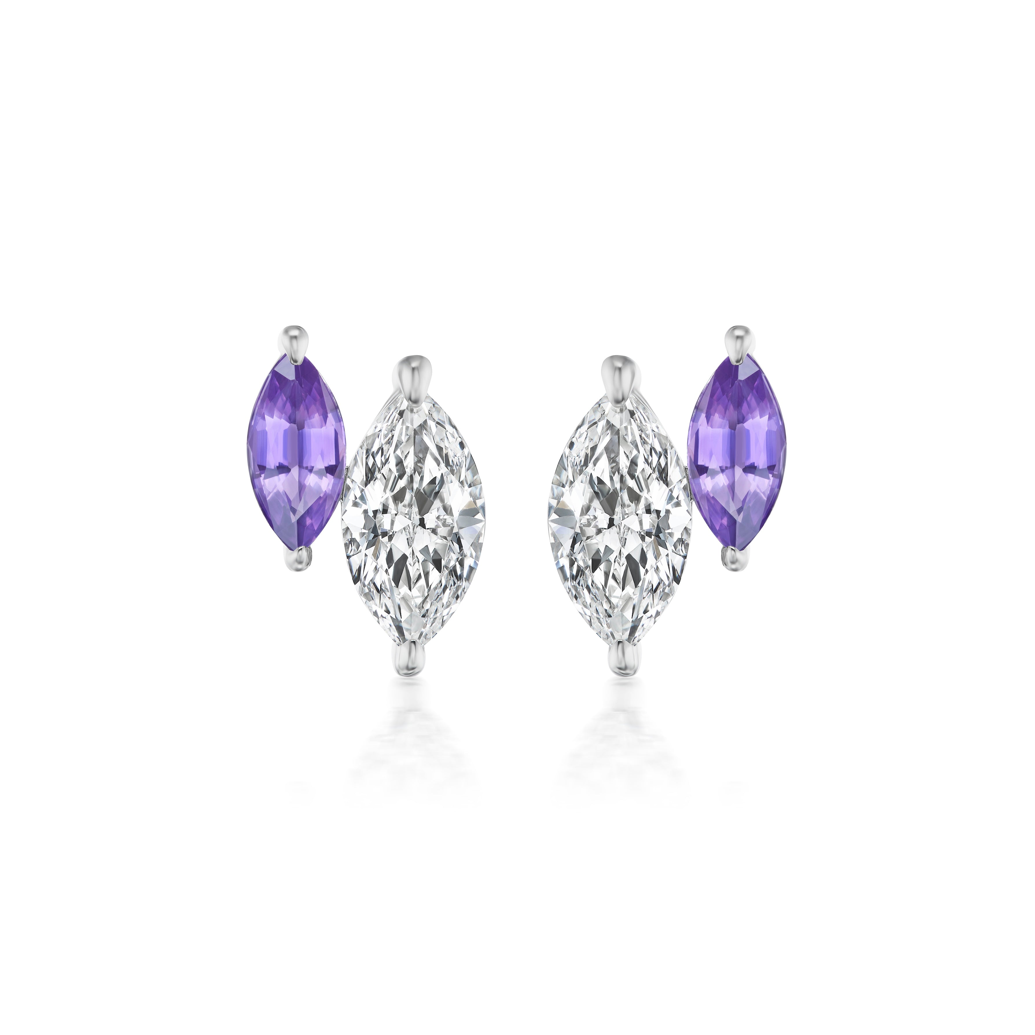 The Duo Studs in White Gold showcase marquise-cut diamonds and vibrant sapphires in a sleek 18K white gold setting, displayed against a white background.