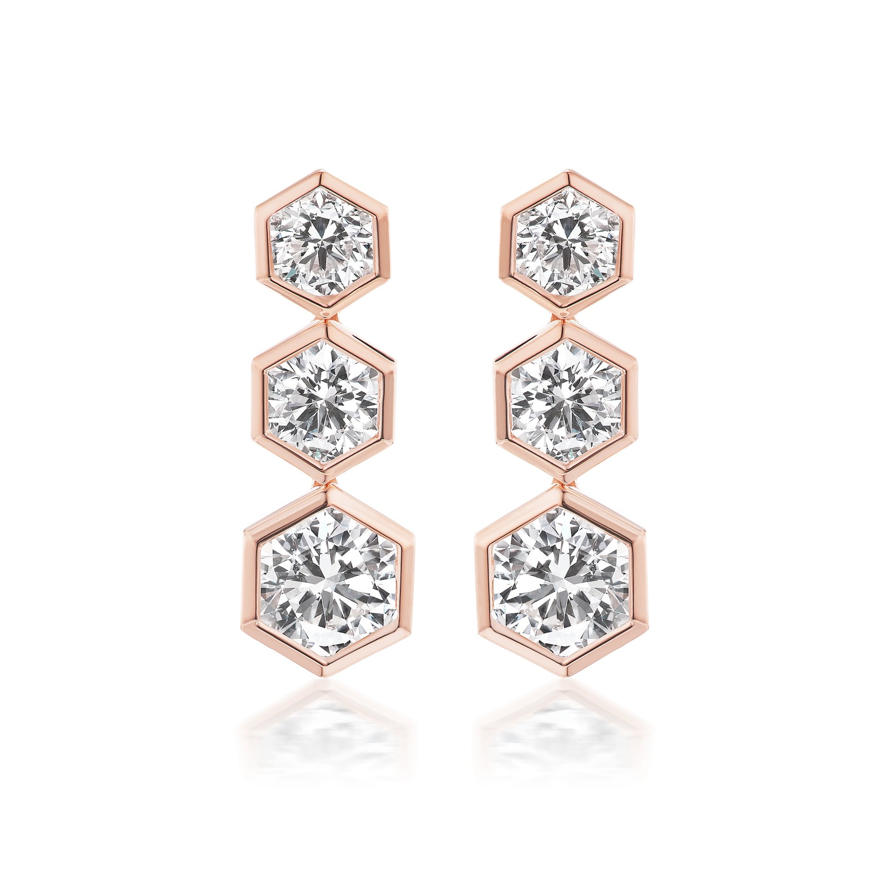 Graduated Hexagon Bezel Set Drop Earrings with Round Brilliant Diamonds