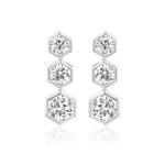 Graduated Hexagon Bezel Set Drop Earrings with Round Brilliant Diamonds, featuring three connected hexagonal settings each holding a sparkling round diamond, shown on a white background.