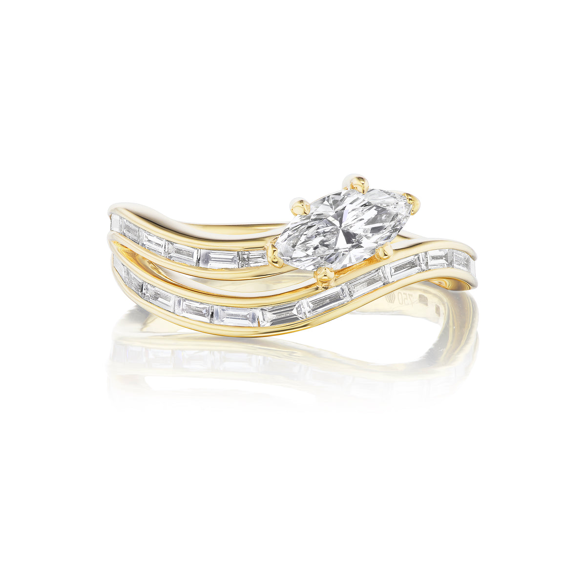 Snake Wave Channel Set Baguette Diamond Ring with Marquise Diamond in Yellow Gold