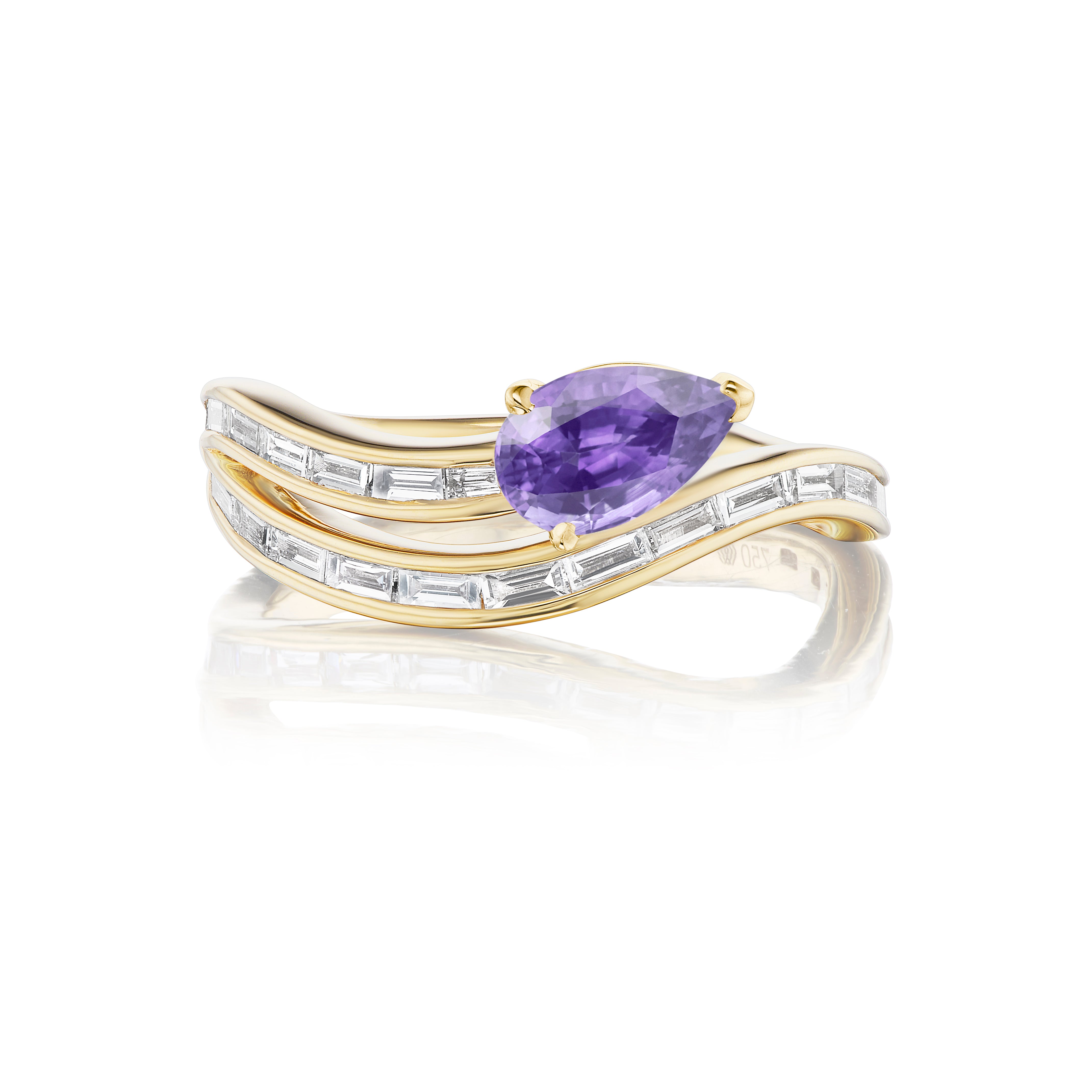 The Wraparound Snake Eternity Band in yellow gold features wavy bands set with baguette diamonds and a large pear-shaped purple sapphire center, all crafted in 18K gold.