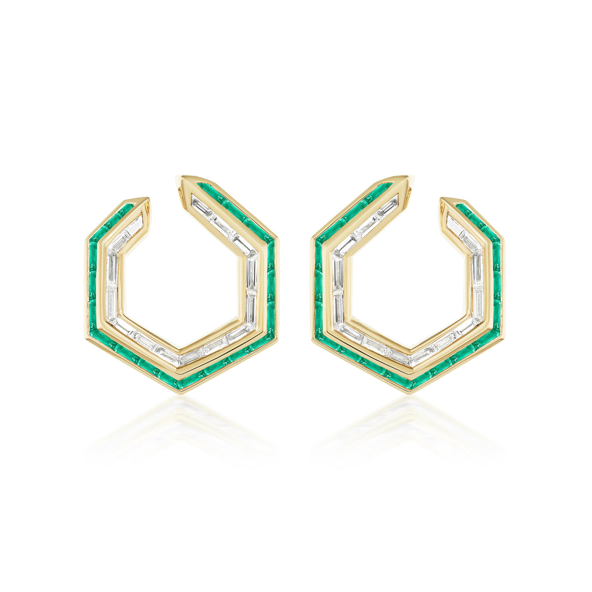 Chrysler Front-to-Back Hoops with Baguette Diamonds and Emeralds in Yellow Gold