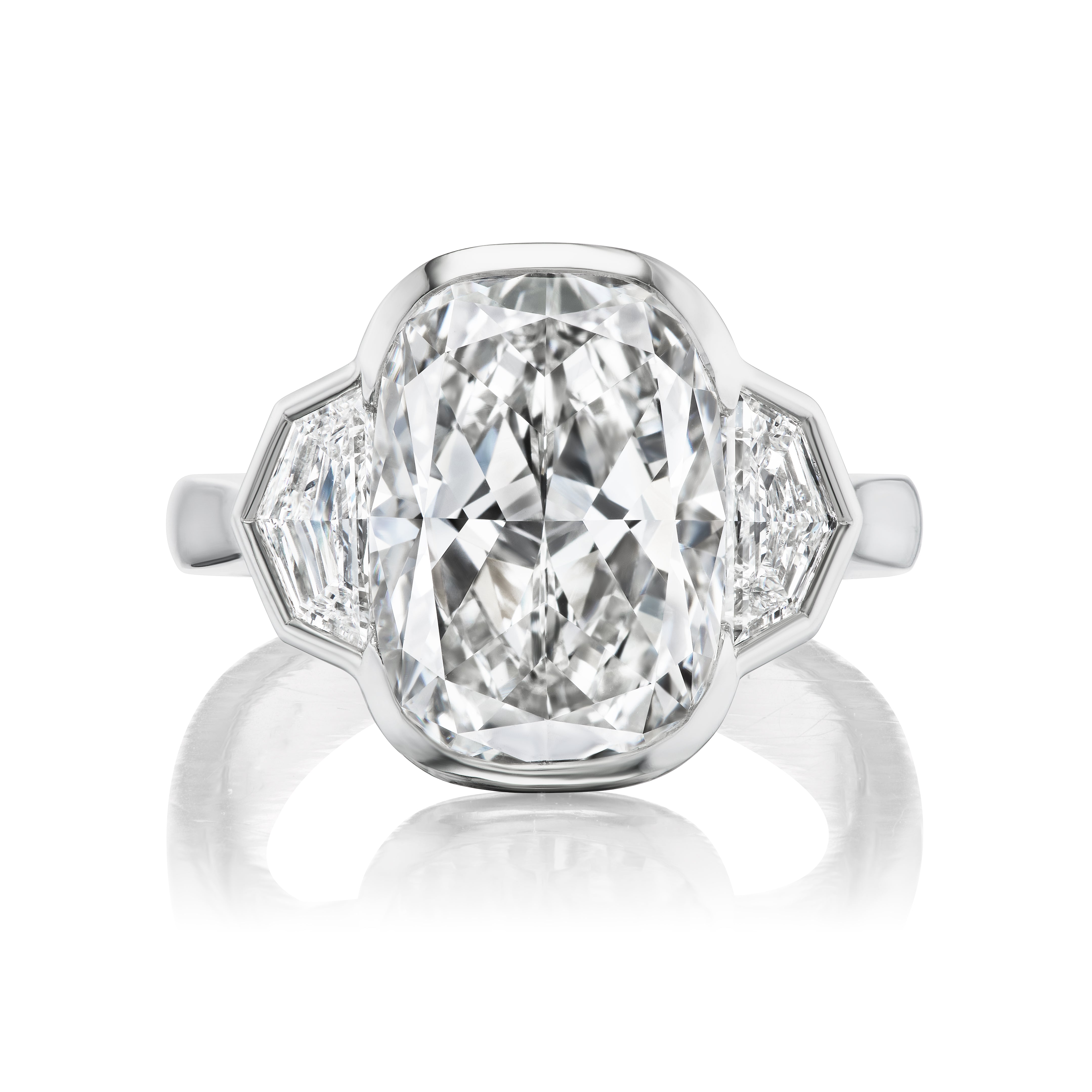 The Radiant Cut Diamond Engagement Ring features a bezel-set center stone with epaulette side stones, displayed on a white background—ideal for those who appreciate timeless elegance.
