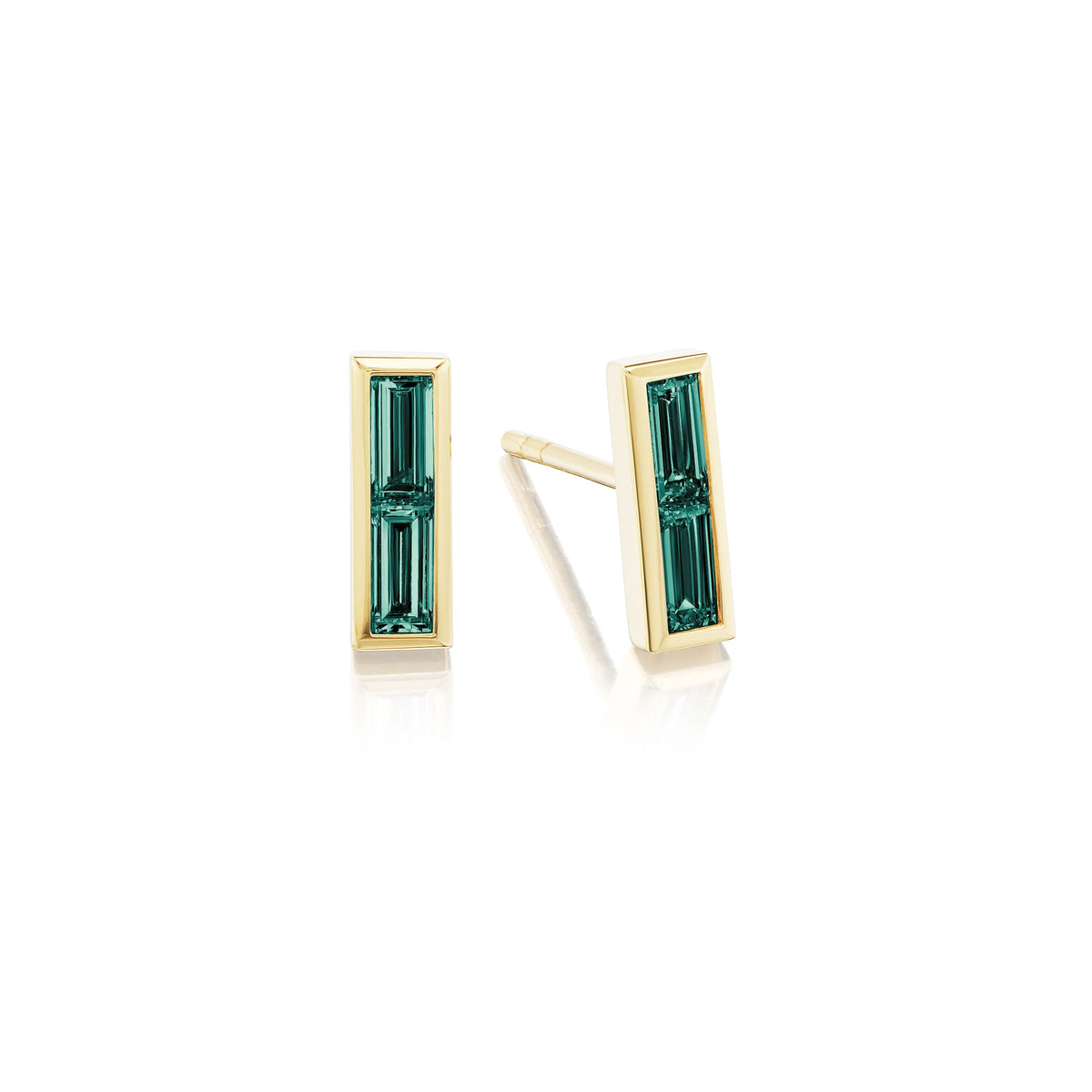 Bezel Set Baguette Emerald Studs in Yellow Gold