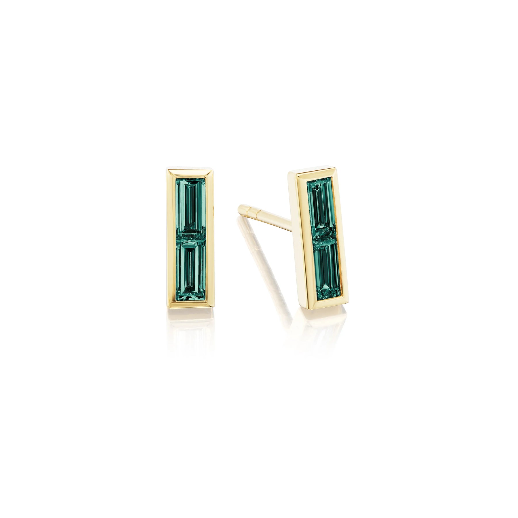 Bezel Set Baguette Emerald Studs in Yellow Gold