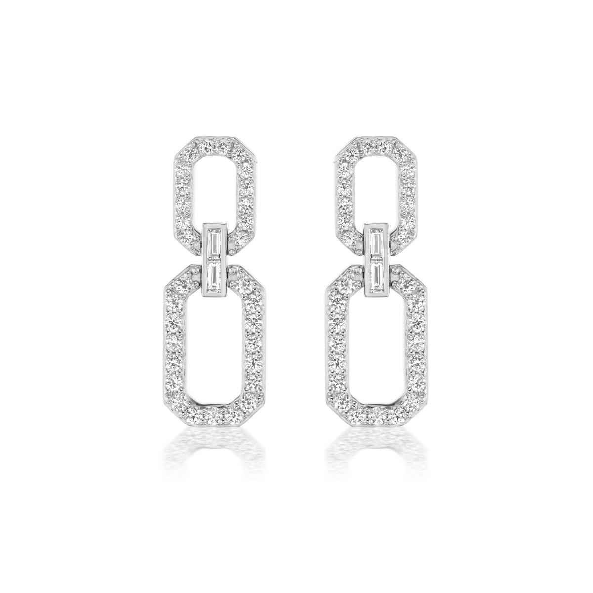 Elongated Octagon Pavé Drop Earrings in White Gold with Baguette Diamonds