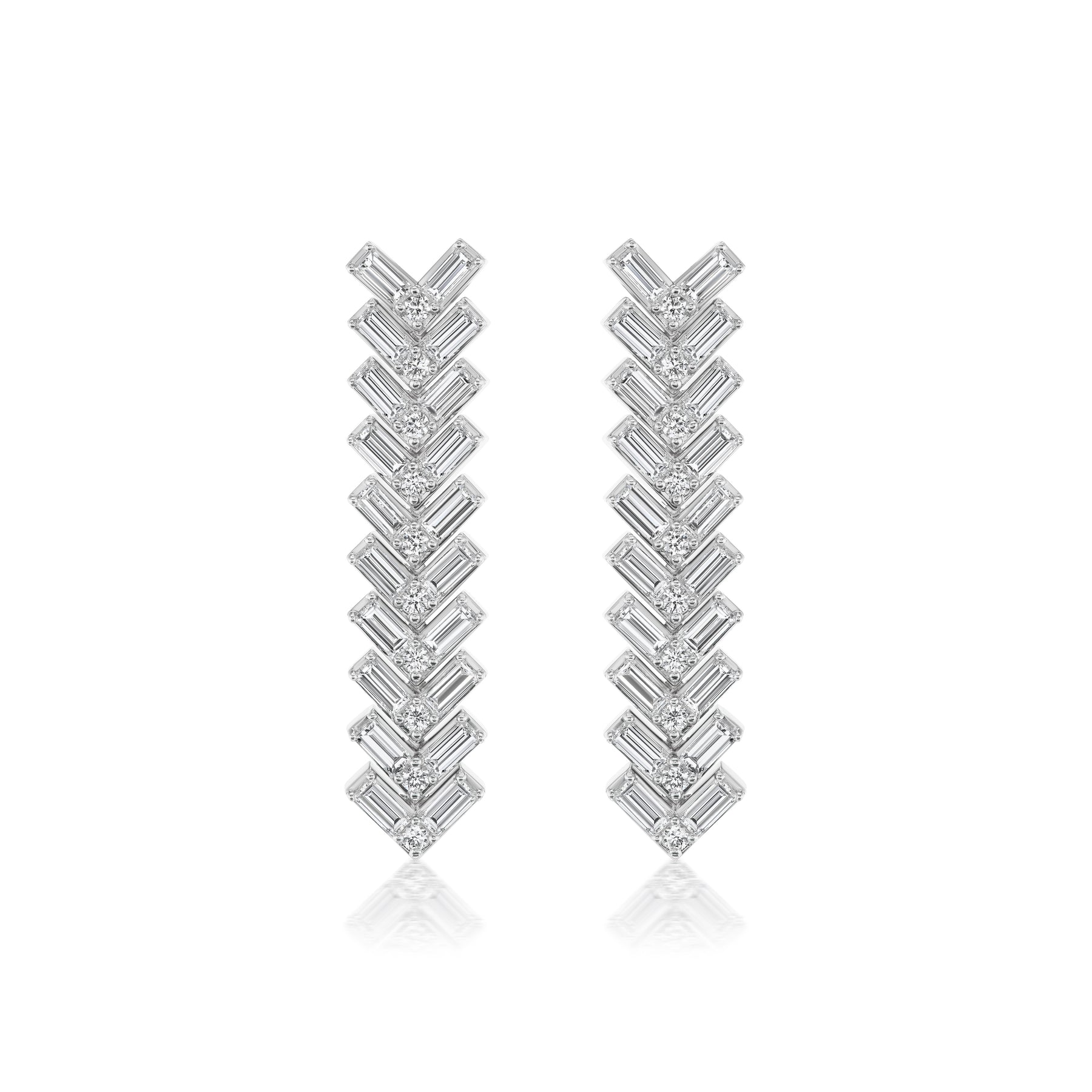 Chevron Drop Earrings in White Gold with Baguette and Round Diamonds