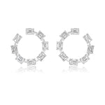 Emerald Cut Diamond Front to Back Hoop Earrings in White Gold, featuring emerald-cut clear gemstones set evenly around each circular hoop, are displayed on a white background with a subtle reflection below.