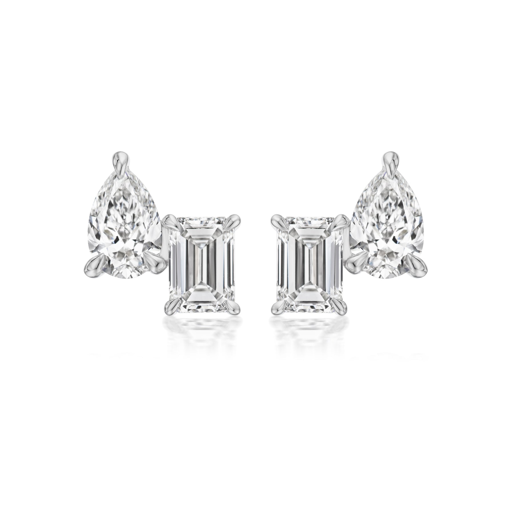 Mixed Shape Duo Studs with Emerald Cut and Pear Shape Diamonds in White Gold