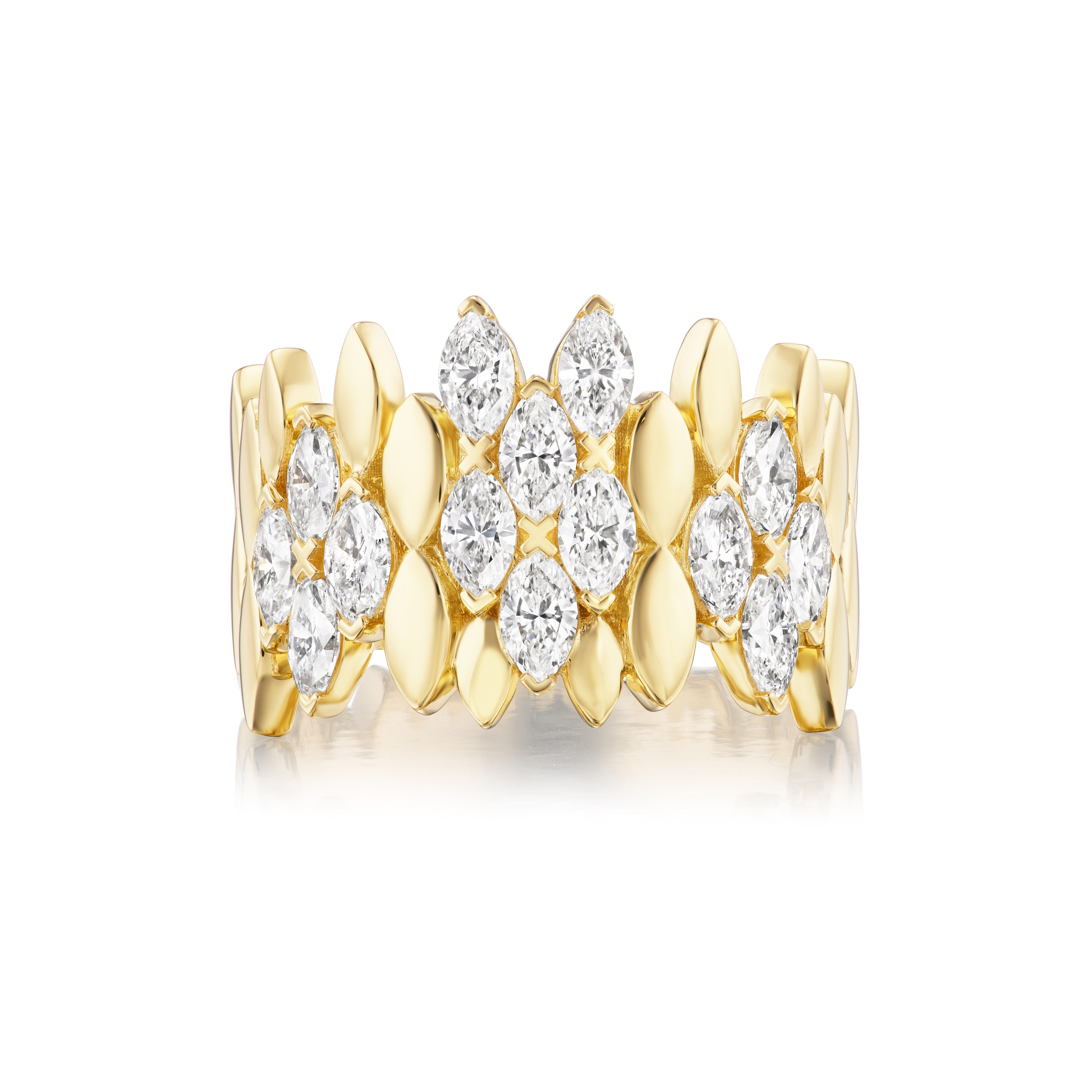 The Multi Tier Cluster Marquise Eternity Band in Yellow Gold showcases clusters of round and marquise diamonds set among polished 18k yellow gold petals, displayed on a white background.