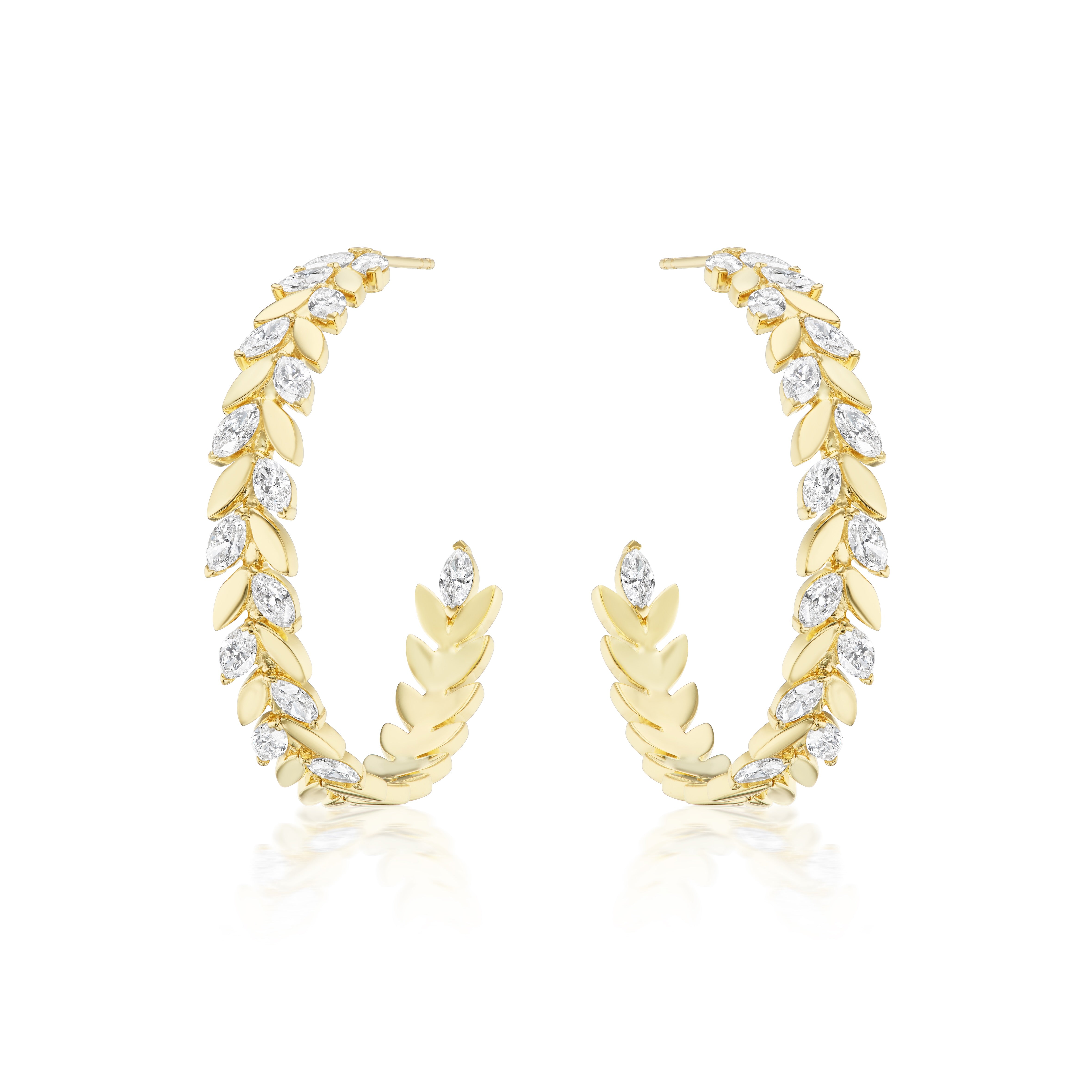 Alternating Marquise Diamond Floral Hoops in Yellow Gold feature laurel-inspired hoops with gold leaves and sparkling diamond accents, showcased on a white background.